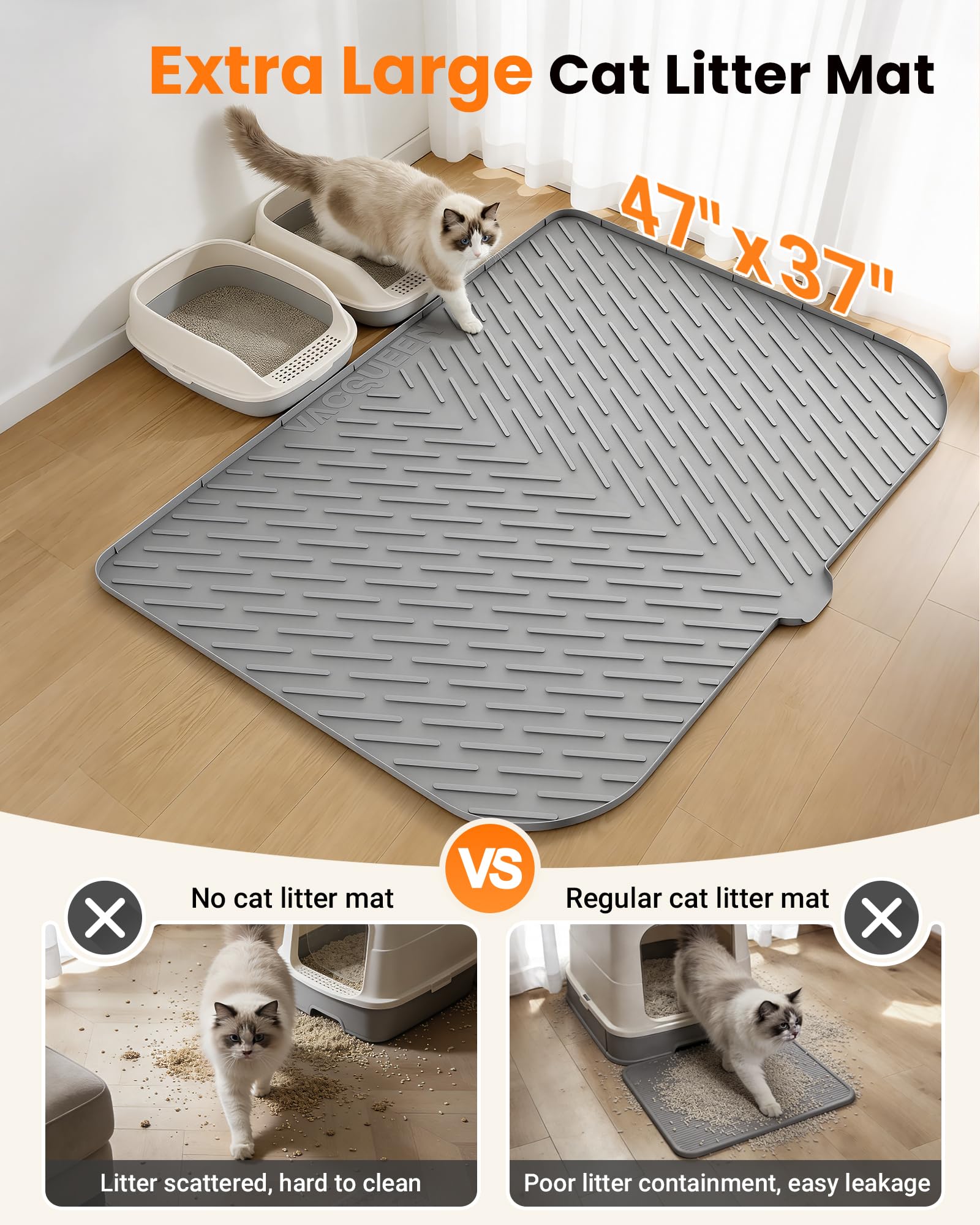 Cat Litter Box Mat, 47" x 37" Extra Large Cat Litter Mat, Silicone Waterproof Litter Trapping Mat for Scatter Control Soft on Kitty Paws Non-Slip Easy to Clean（Grey) - image 2