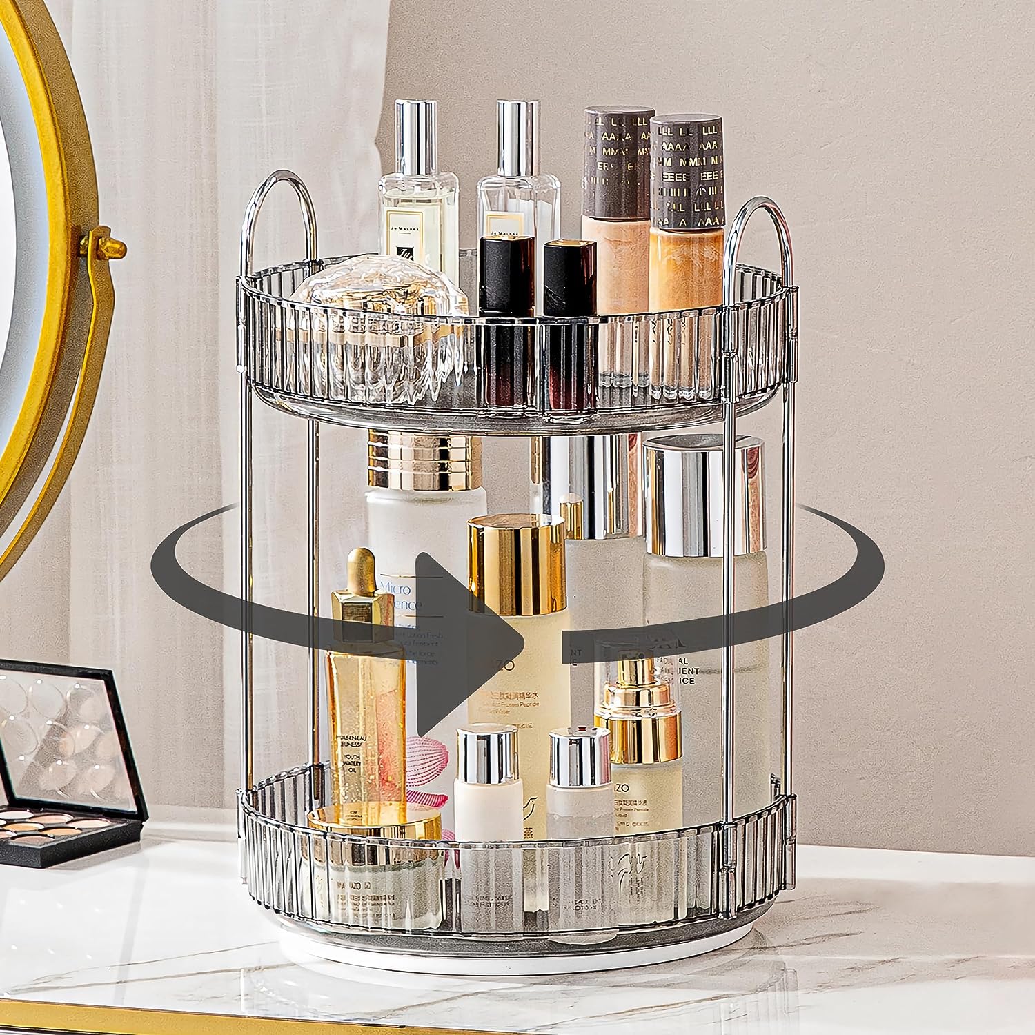 Bingobang Makeup Organiser 360 Rotating, Spinning 2 Tiers Skincare Cosmetic Organizer Acrylic Large, Tidy Storage Shelf for Perfume, Jewelery, Brush, Vanity Desk, Dresser, Bedroom, Bathroom (Grey)-image-18