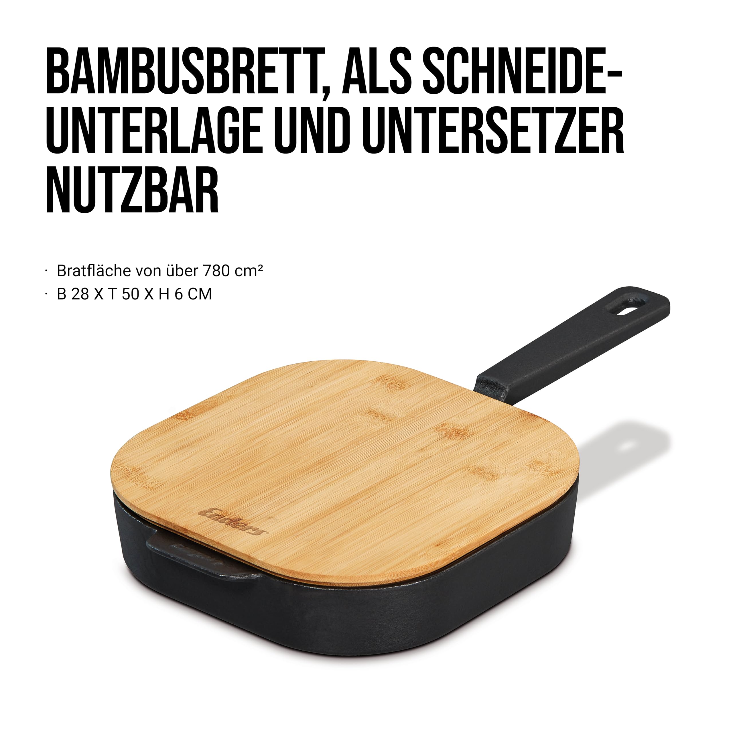 Enders® Patelnia żeliwna L, wysoka krawędź, równomierne rozprowadzanie ciepła i przechowywanie, do użytku na grillu, kuchence kempingowej, płycie kuchennej lub otwartym ogniu, w zestawie bambusowa