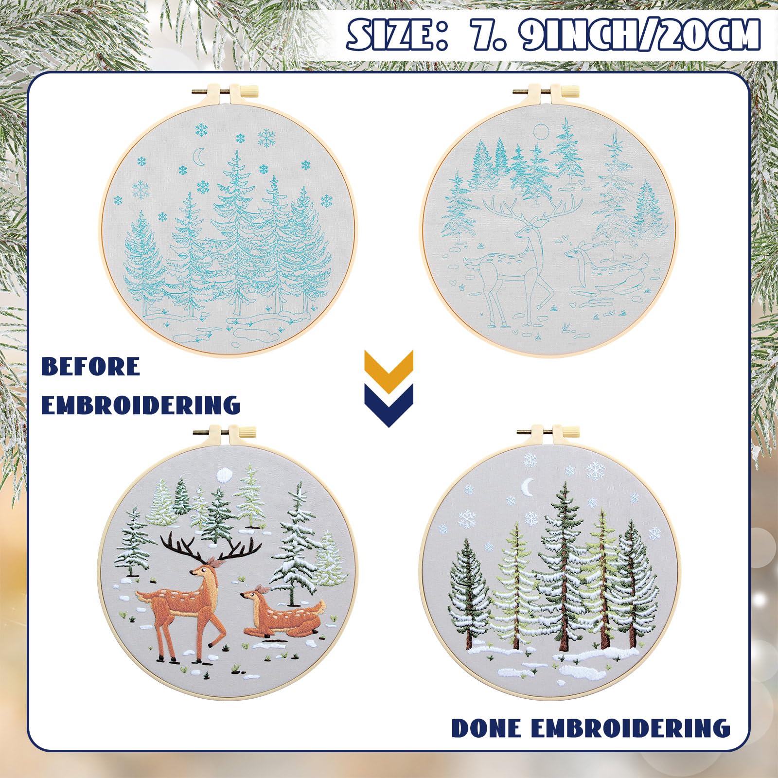 Tigeen 5 Sets Embroidery Kit for Adults Cross Stitch Embroidery Kit for Winter Snow Scene Christmas Tree with Instructions Hoops Needles Colored Threads Needle