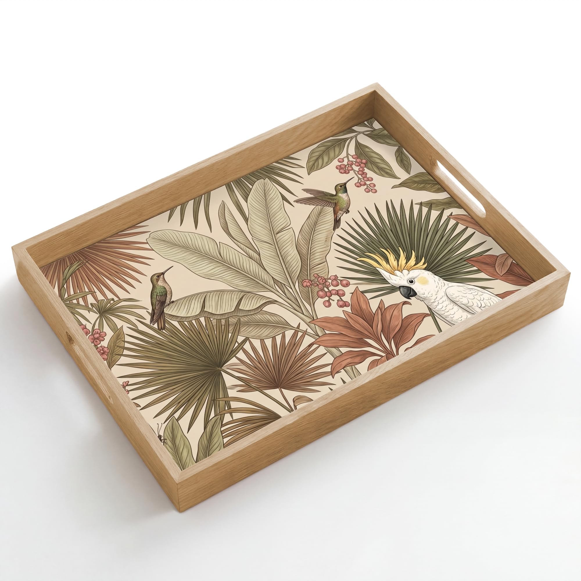 Tablett Rechteckig 50x35 cm Serviertablett rutschfest Griff Küchentablett Servierplatte Eiche Holztablett Henkel Hitzebeständig Tropisch - Vögel - Beige