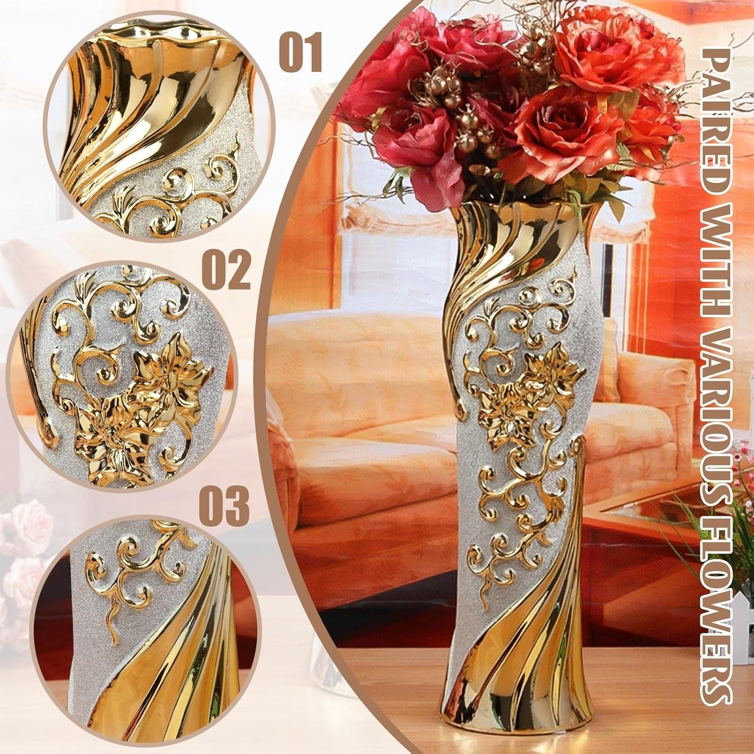 Jarrones de cerámica, moderno jarrón decorativo dorado grande, jarrones altos para suelo, para ramas decorativas y flores secas