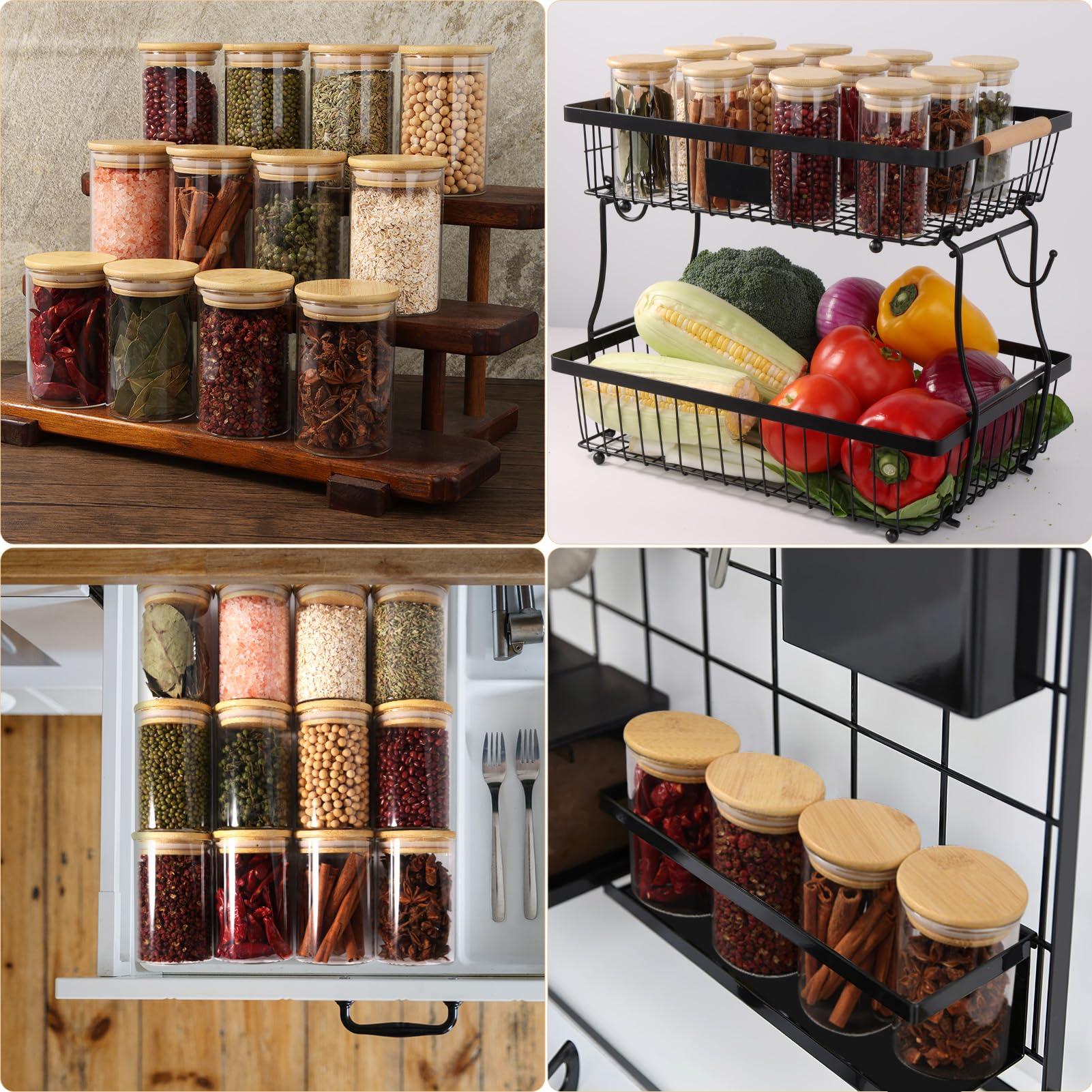 FoiiLiio 12 Bocaux à Épices Ronds en verre 200 ml avec couvercle en Bambou, RéCipient à ÉPices, Ensemble de Pots à ÉPices, Boite a Epices Cuisine Rangement avec Étiquettes Vierges