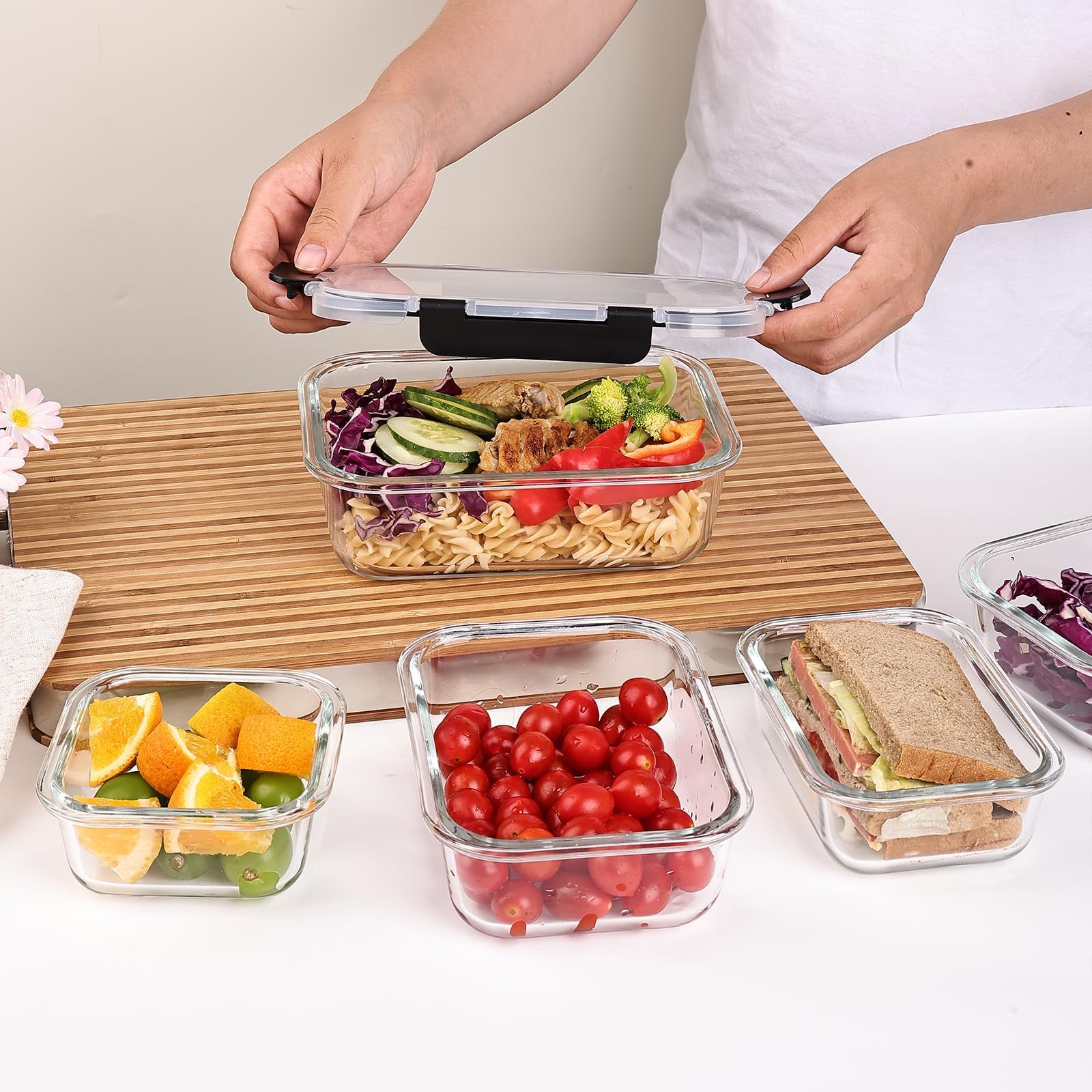 Condition photo showing New/Like New for liuruiyu 8 pack glass food storage containers with lids, meal prep containers, airtight bento boxes with leak proof locking for microwave, oven, freezer and dishwasher, bpa free