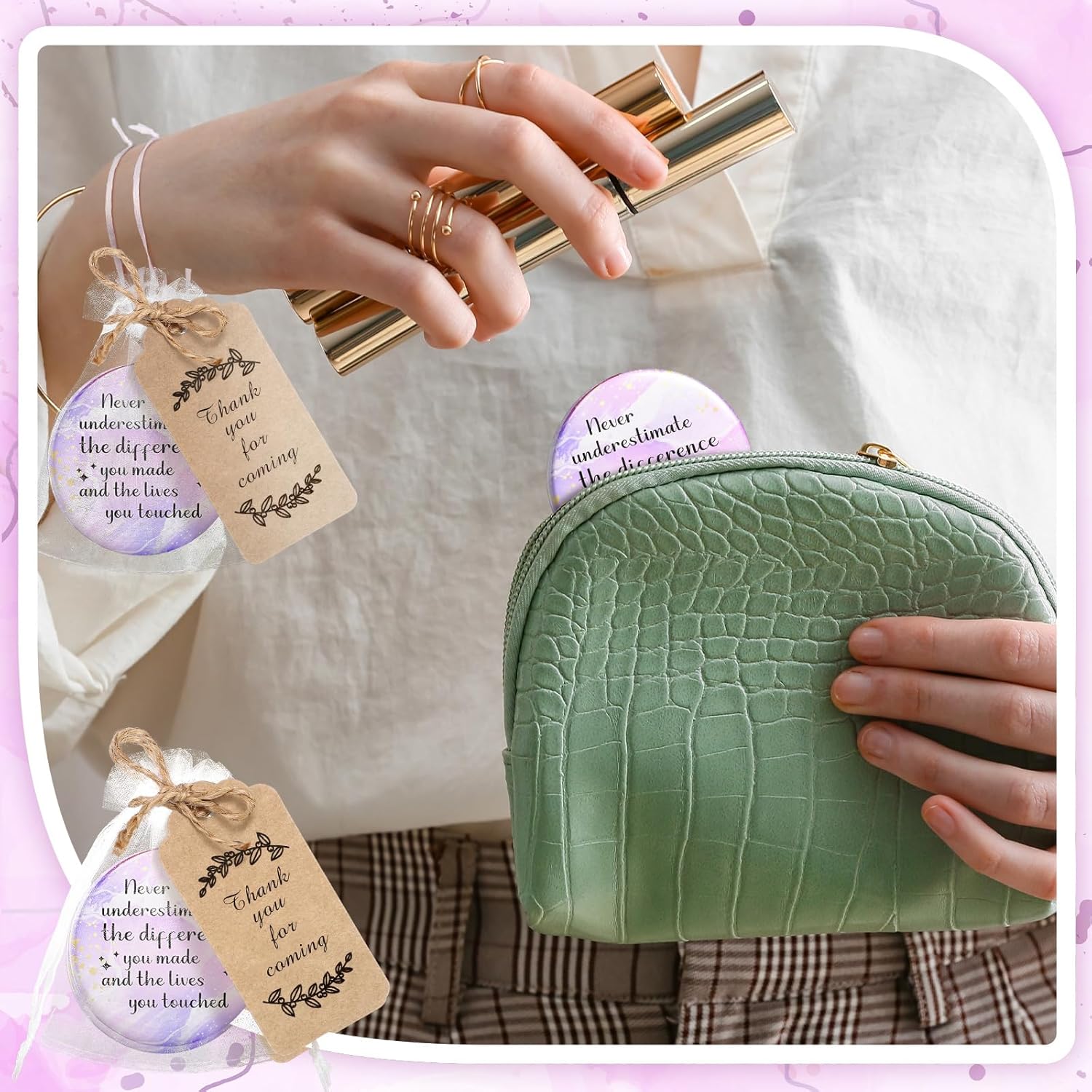 50 Sets 2.76" Inspirational Compact Mirrors Bulk Mother's Day Appreciation Gift Small Pocket Purse Mirror Souvenir Bag for Women Graduation Quinceanera Wedding Ot Month Employee Gift(Pink and Purple)