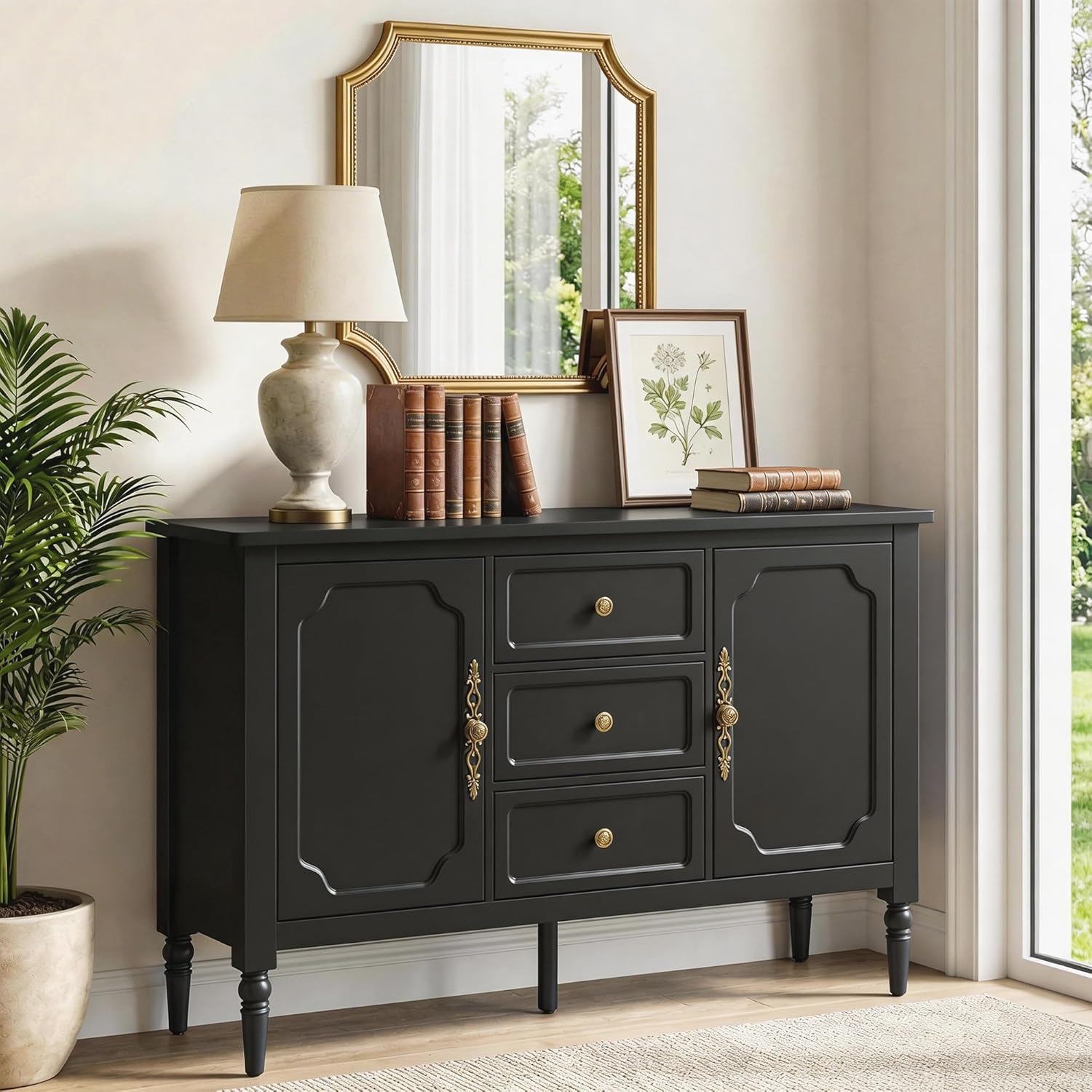 RoyalCraft Buffet Cabinet with 2 Doors & 3 Drawers, Vintage Sideboard with Storage, Painted Coffee Bar Table with Solid Wood Legs, Ideal for Entryway, Living Room, Dining Room, Black