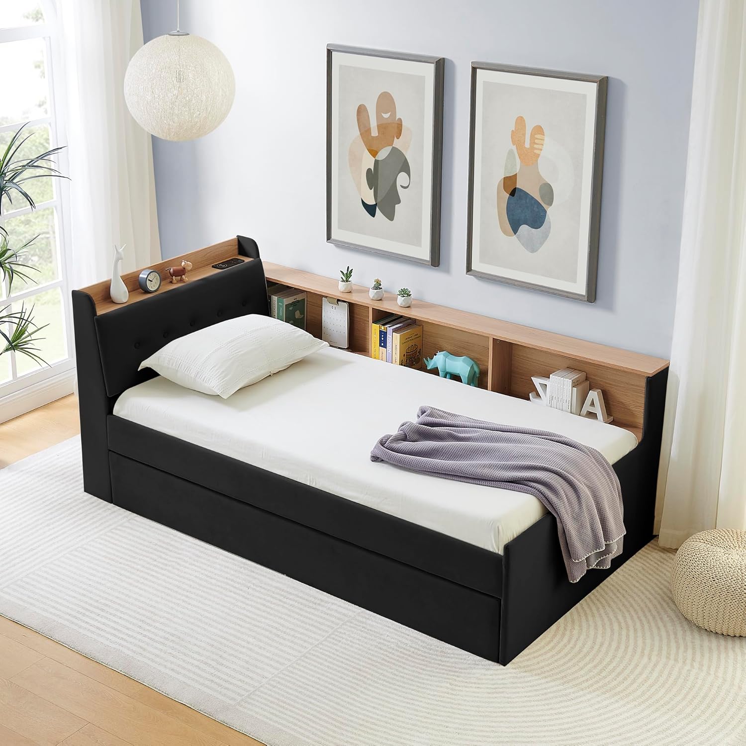 KEIKI Twin Size Upholstery Daybed with Storage Headboard, Trundle & Charging Station, Twin to King Design Extendable Sofa Bed, Easy Assembly, No Box Spring Required, for Living Room and Bedroom, Black