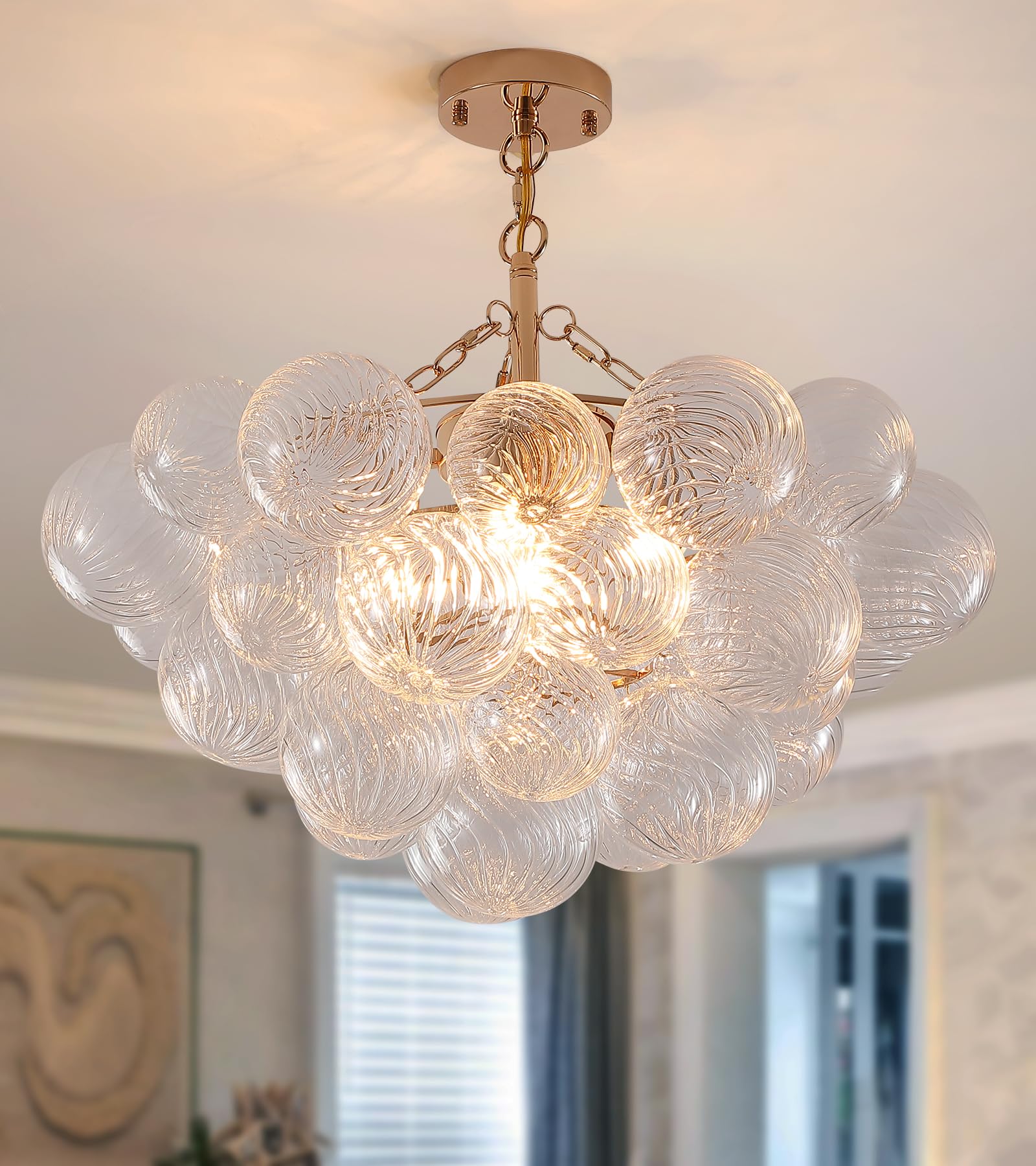 MEIXISUE Modern Glass Ceiling Light,5 Light Nordic Bubble Ball Swirled Glass Globe Chandeliers Gold Light Fixtures for Bedroom Dining Room Living Room