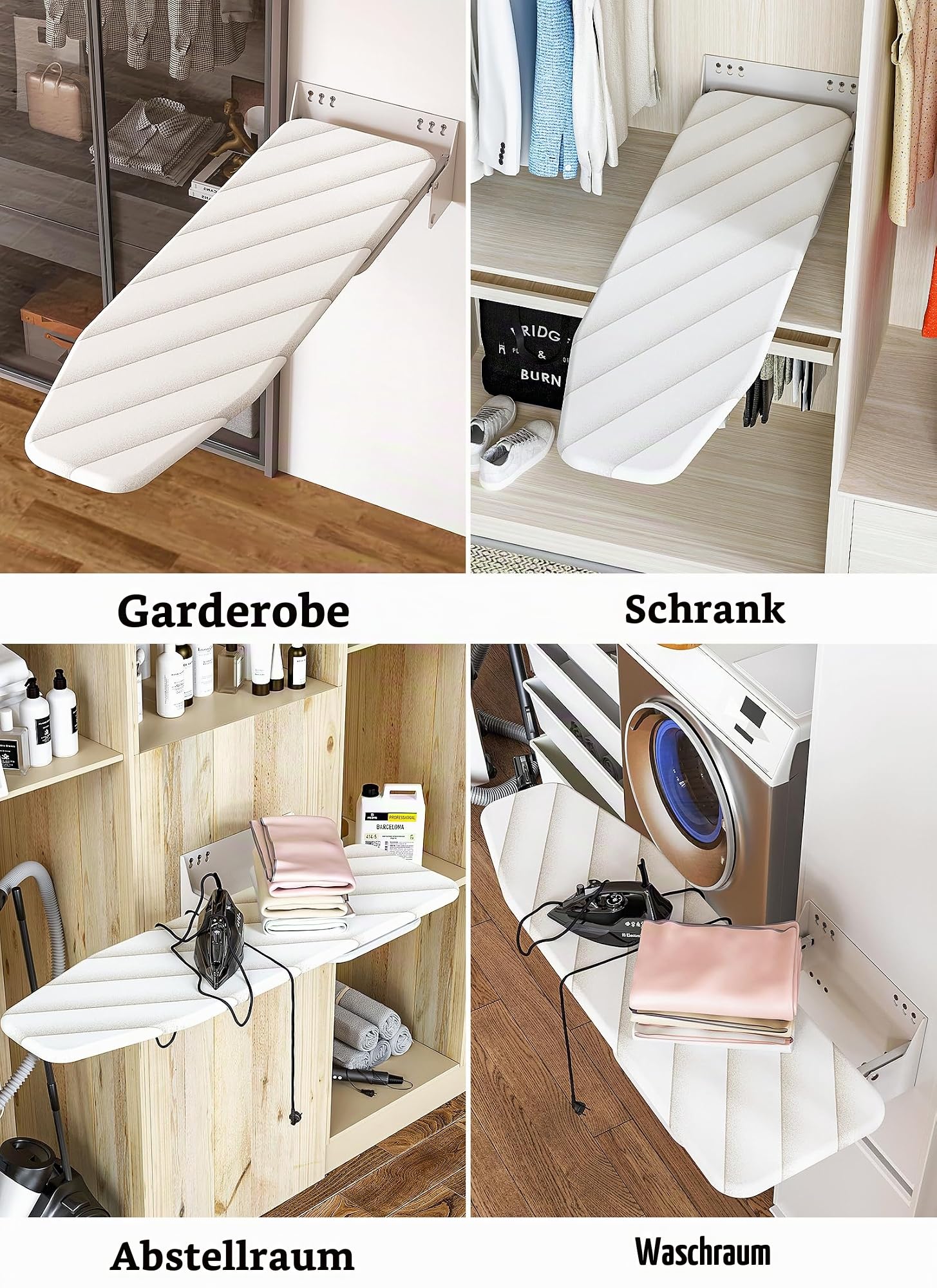 Nisorpa Bügelbrett zur Wandmontage, 94 x 33 cm, zusammenklappbar, um 180 ° drehbar, mit hitzebeständigem Bezug in der Wand, platzsparend, für Waschküche zu Hause