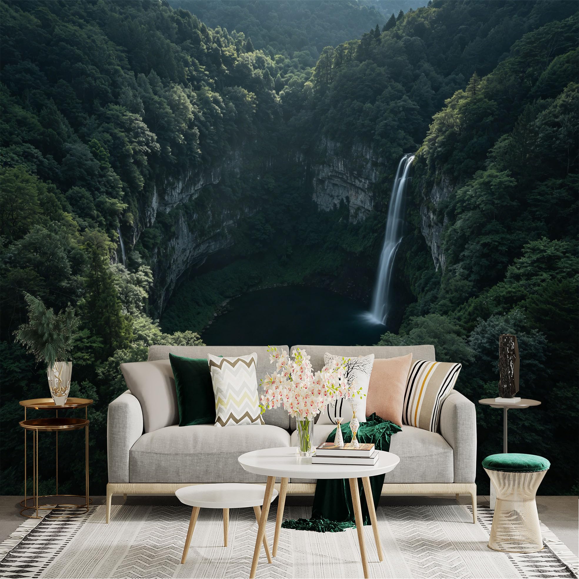 Lnzczhyre Dbh260521230 Custom Size Wall Sticker Mural， Deep Forest Waterfall， Tranquil Mountain Lake， Lush Green Canopy， Natural Scenery Landscape， For Wall Decoration， Peelandstick Wall Decals.