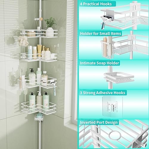 Miniatura 6 de HapiRm Corner Shower Caddy Organizer - Shower Organizer Corner with Soap Holder, Toothbrush Holder and 4 Hooks, Rustproof Bathroom Shelf Tension