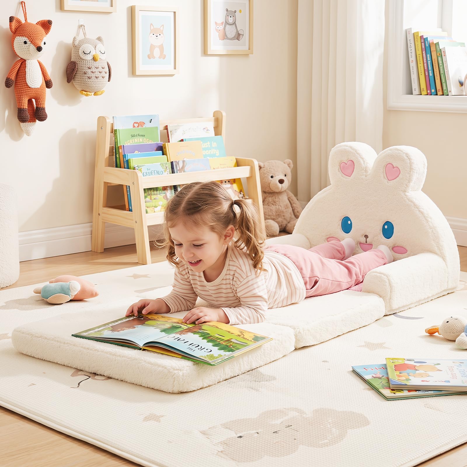 COSTWAY Sofá Infantil Plegable 2 en 1 (Conejo,Rosa) | Sillón Convertible para Niños con Funda Desmontable, Bolsillo de Almacenamiemto, Tumbona de Felpa para 18-36 Meses