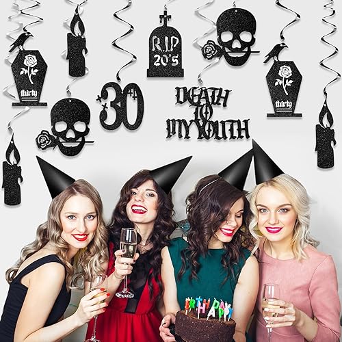 Miniatura 5 de Fuutreo 36 decoraciones de Death to My 20 para cumpleaños de 30 años, diseño de remolinos colgantes de treinta cumpleaños, decoración gótica,
