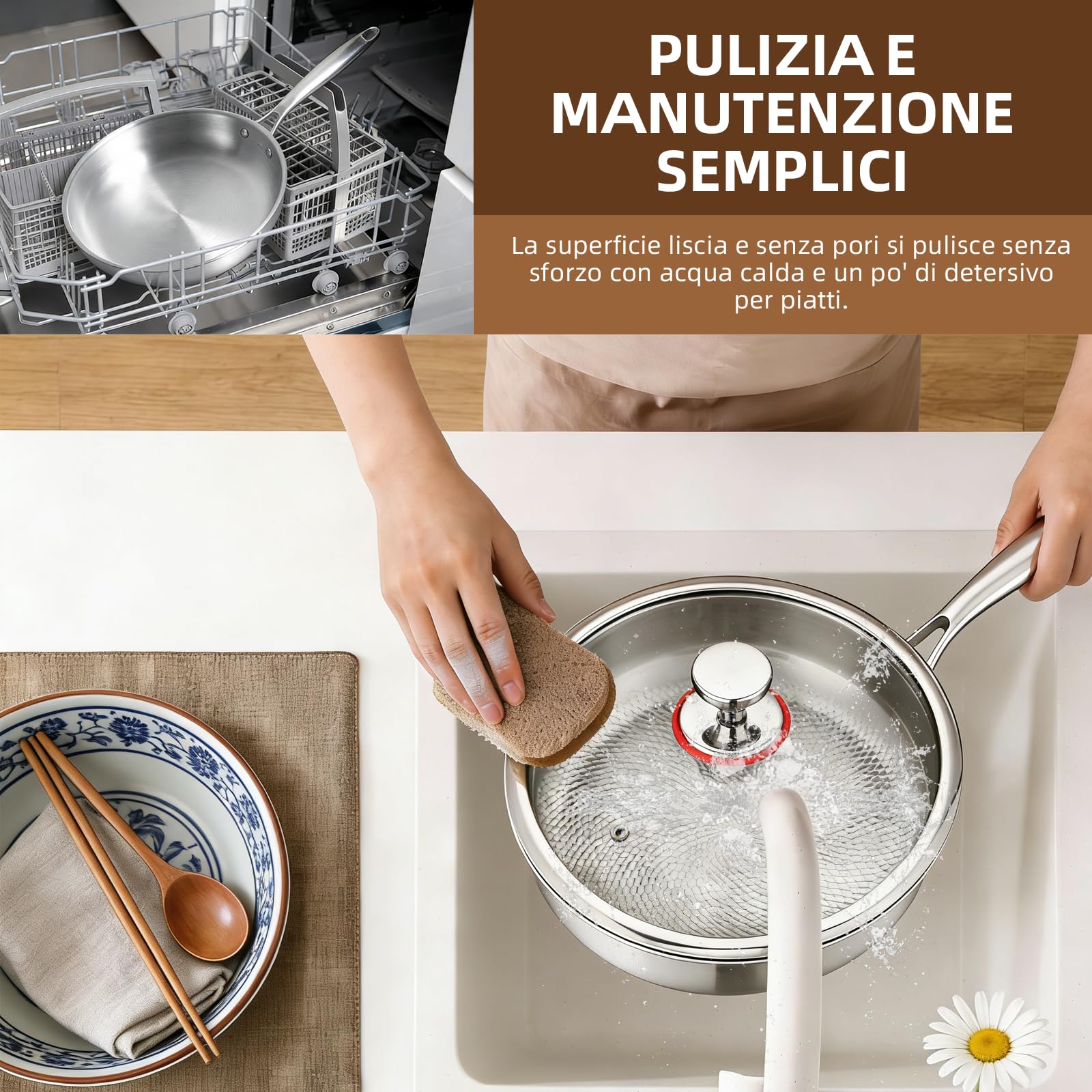 Padella in titanio non rivestita 30 cm, martellata, con coperchio in vetro e spatola – per induzione e fuoco vivo, ideale per cucina e campeggio