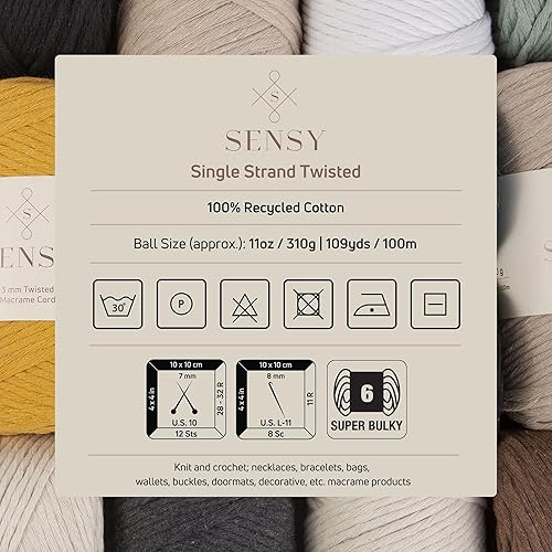 Miniatura 3 de Sensy - Cuerda de macramé prémium de 0.118 in, 109 yardas, 100% algodón, una hebra torcida, cuerda de macramé, hilo de algodón para macramé, hilo de