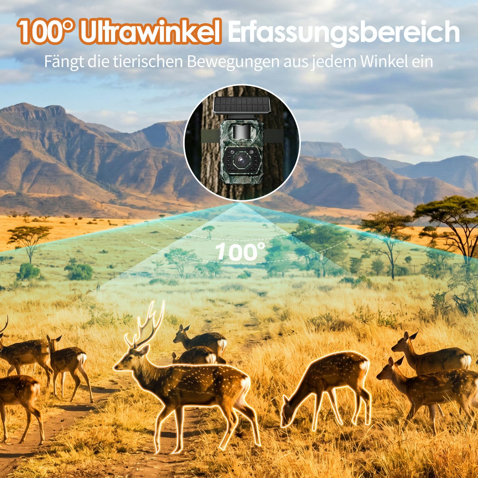 MAXDONE Wildkamera Mit Handyübertragung App, 4K 64MP Wildlife Camera solar nachtsicht bewegungsmelder 0.1s Trigger Time Wildlife Cameras Bluetooth Night Vision Camera IP66 inkl. 32GB SD-Karte