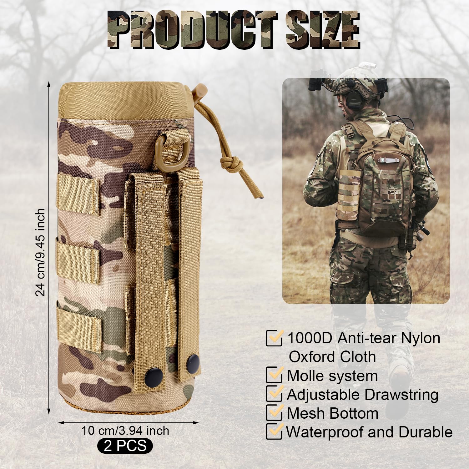 PEUTIER 2pcs Molle Water Bottle Holder, 1000D Nylon Sports Molle Bottle Pouch Carrier Bag with Drawstring Top Mesh Bottom Practical Molle Cup Holder for Outdoor Camping (Camo Color)