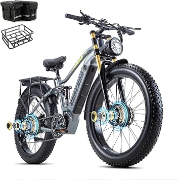 2026 AWD Electric Bike for Adults Dual Motor 5000W/3000W/1500W Peak 40MPH/30MPH Fast Ebike, Up to 65 /90 /160 Miles Long Range, 26" Full Suspension Fat Tire, 52V/48V 60Ah/30Ah/20Ah Removable Battery