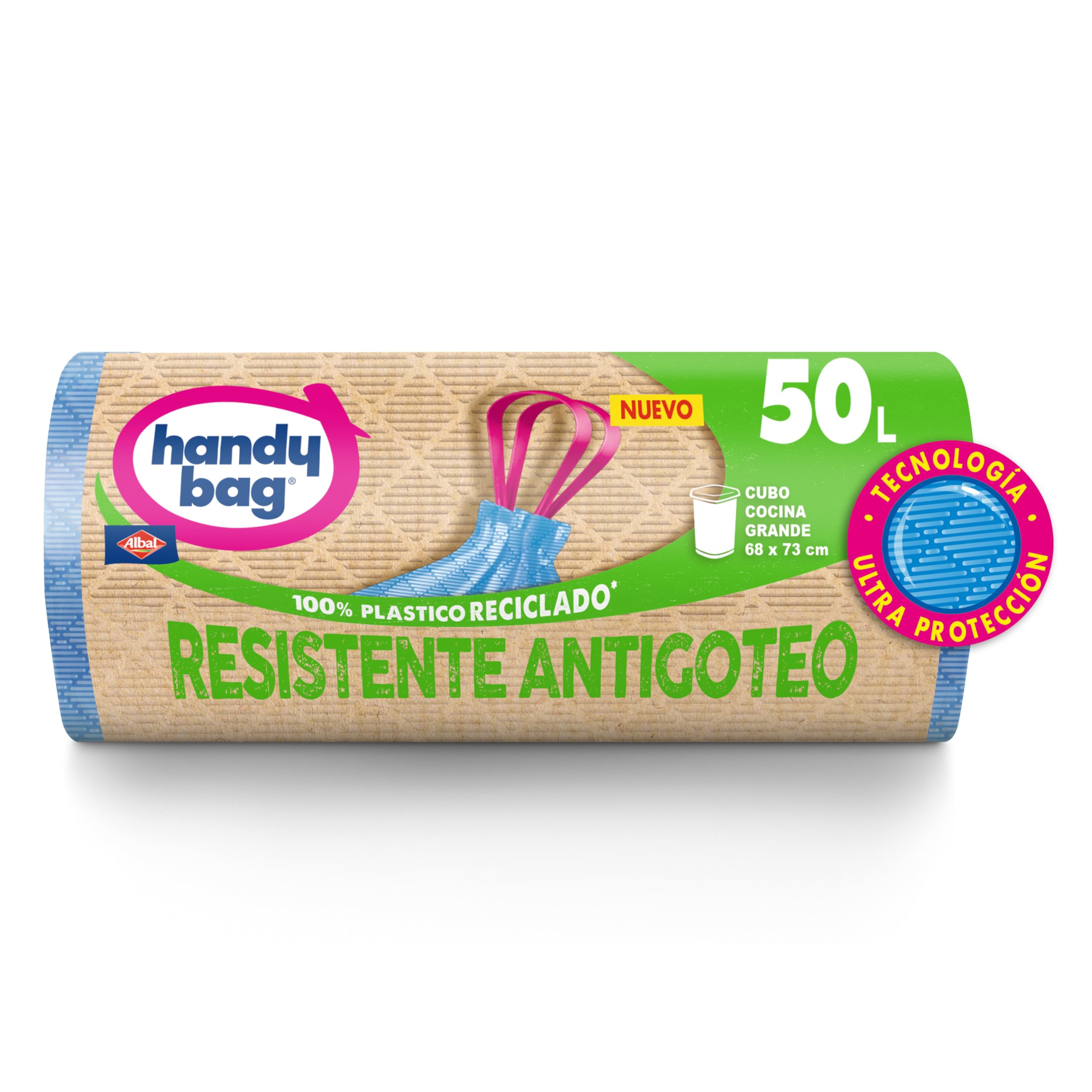 Handy Bag Bolsas de Basura Resistente Antigoteo, 100% Reciclado, Autocierre, 50L, 8 Bolsas, 1 Paquete