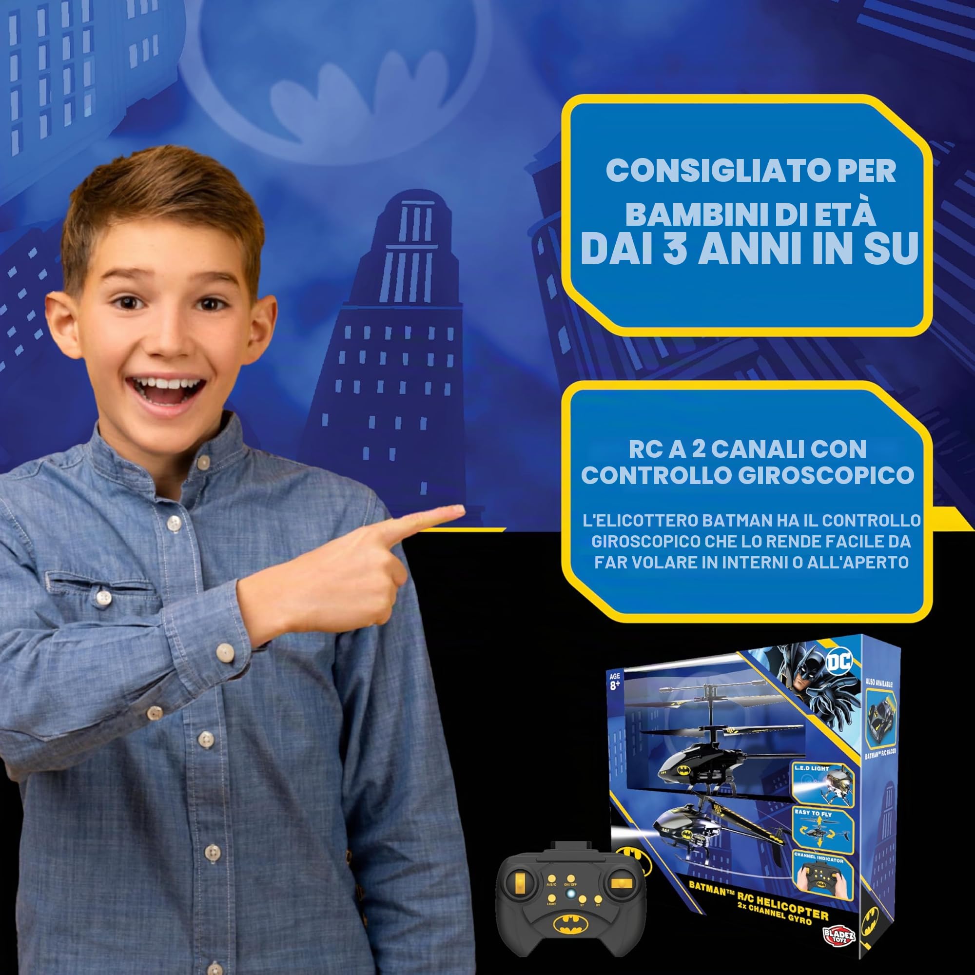 BLADEZ Elicottero Batman R/C 2 canali Gyro Batman, DC Comics, RC 2 canali con controllo giroscopico, facile da volare con luci, anti-collisione, giocattolo con licenza per bambini, Toyz