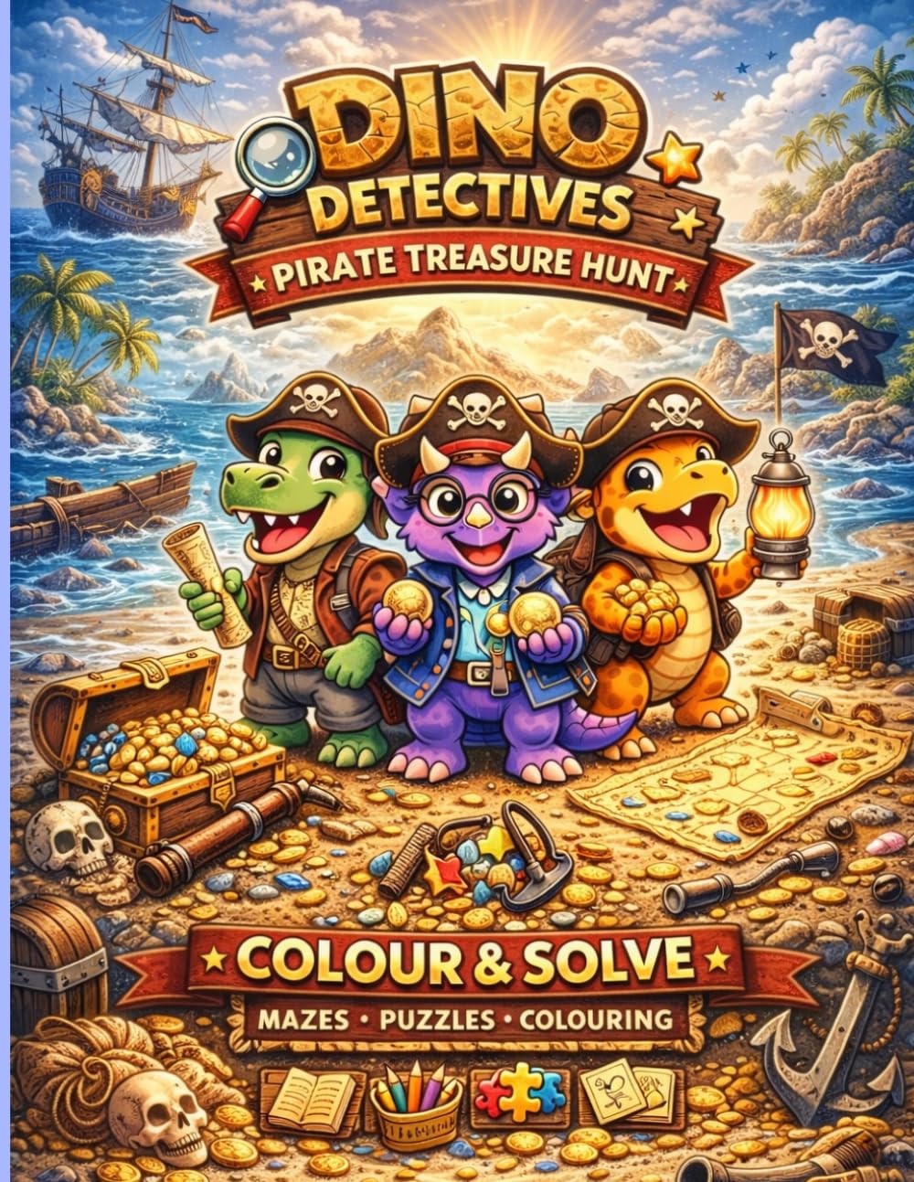 Dino Detectives: Pirate Treasure Hunt: A Colour & Solve Activity Book for Kids Aged 4-8. Mazes, Puzzles & More!