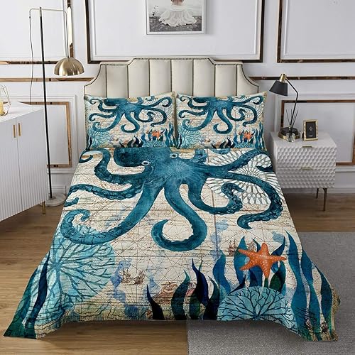 Miniatura 3 de Juego de cubrecama de pulpo, diseño de tentáculos de pulpo verde azulado, diseño de kraken místico y océano, estilo marino mediterráneo, 1 colcha de