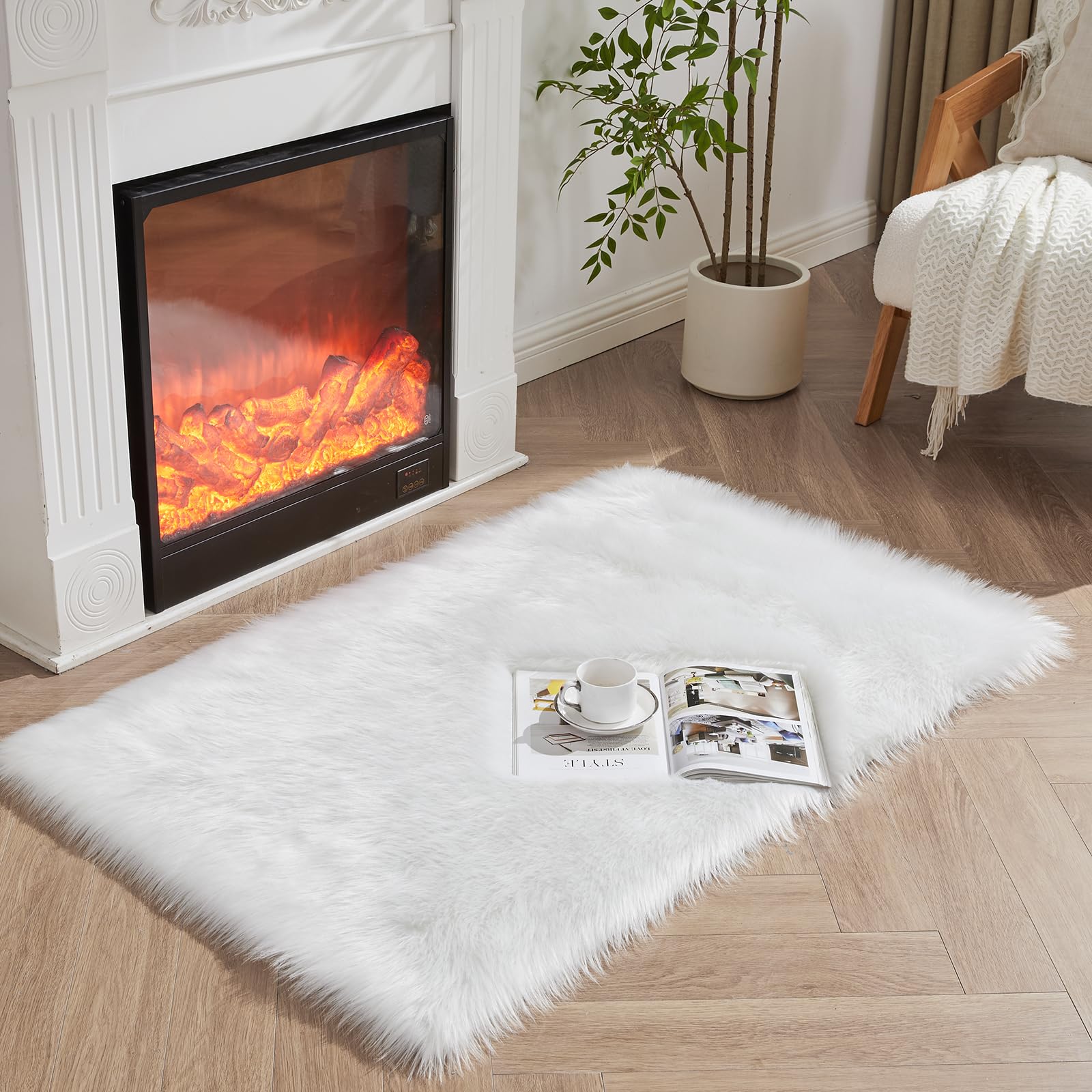 HEQUN Alfombra de Piel de Oveja sintética, Artificial Alfombra,Funda de Silla de Forro Polar Suave y mullida para recámara, sofá, Suelo (90×60 CM, Blanco)