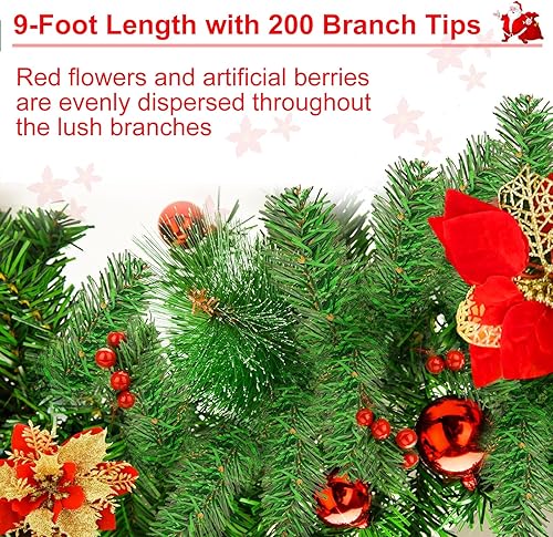 Miniatura 3 de Guirnalda de Navidad de 9 pies con luces guirnalda artificial preiluminada con abeto, racimos de bayas, flores rojas para chimeneas de interiores y