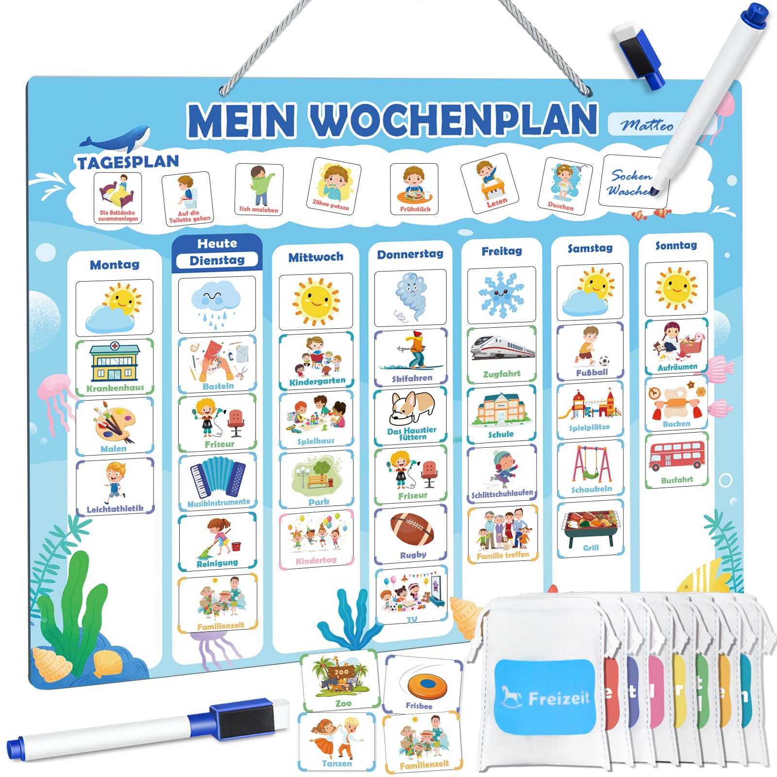 FORMIZON Montessori, agenda settimanale per bambini, lavagna magnetica con 248 magneti, custodia e penna, calendario per bambini, programma giornaliero e programma settimanale, gioco educativo
