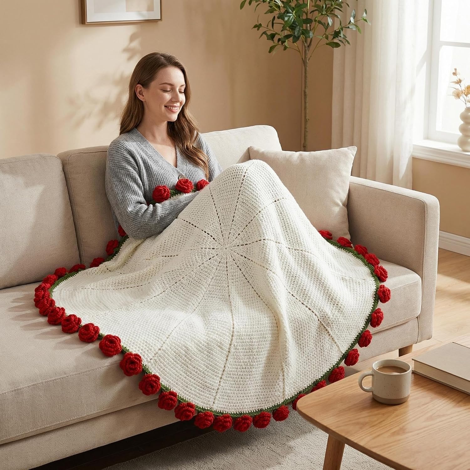 Finished Crochet Rose Bouquet Blanket, Handmade Knitted Floral Throw Blanket (60x60CM)