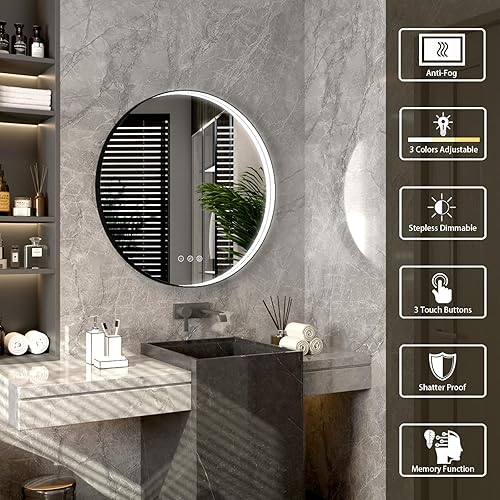 Miniatura 2 de Twalsu Espejo de baño LED redondo de 24 pulgadas con luces, espejo de tocador de baño iluminado para pared con marco de metal de aleación de