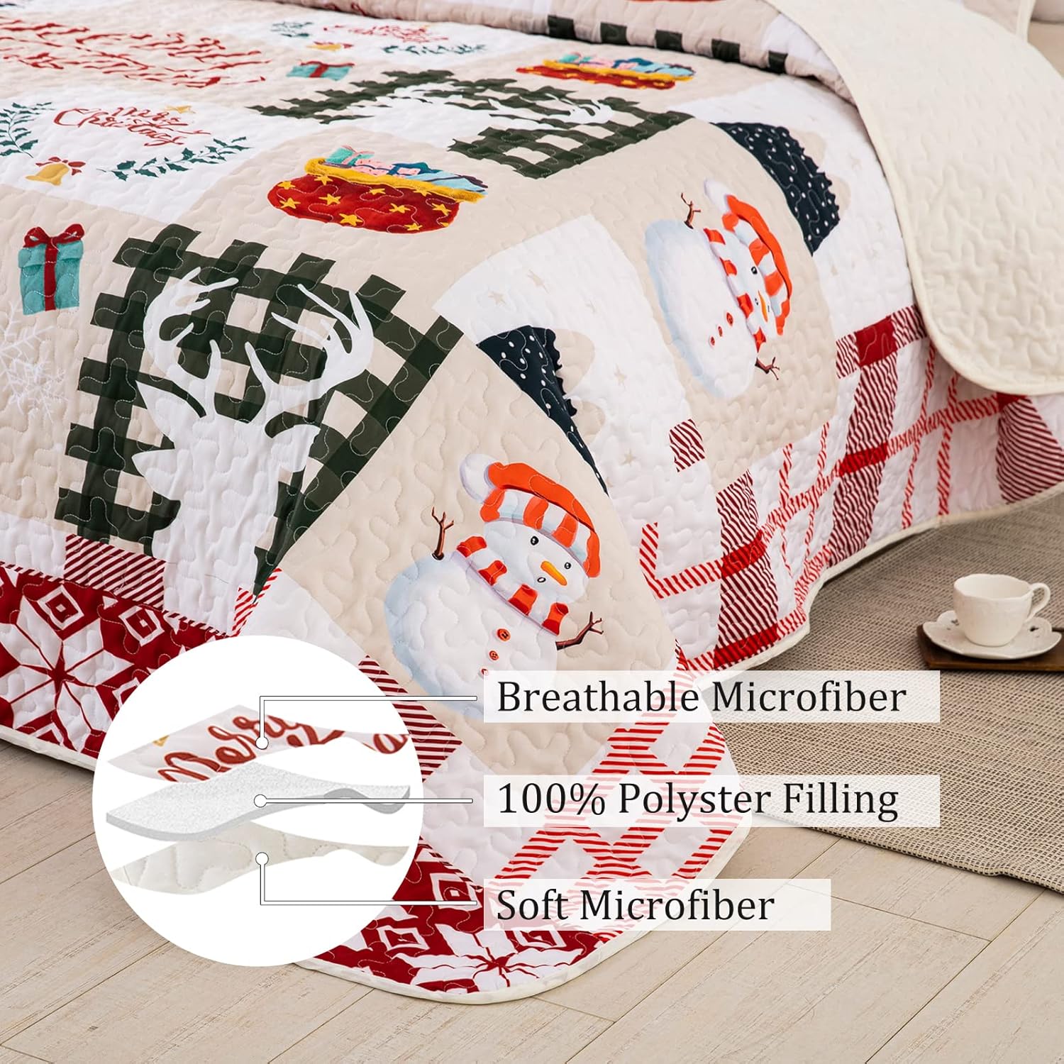 Christmas Quilt Set Queen,Christmas Tree Snowman Pattern Bedspread Merry Christmas Bedding Set Reindeer Chritmas Quilted Coverlet Set with 2 Pillowcases Queen(90"x90")
