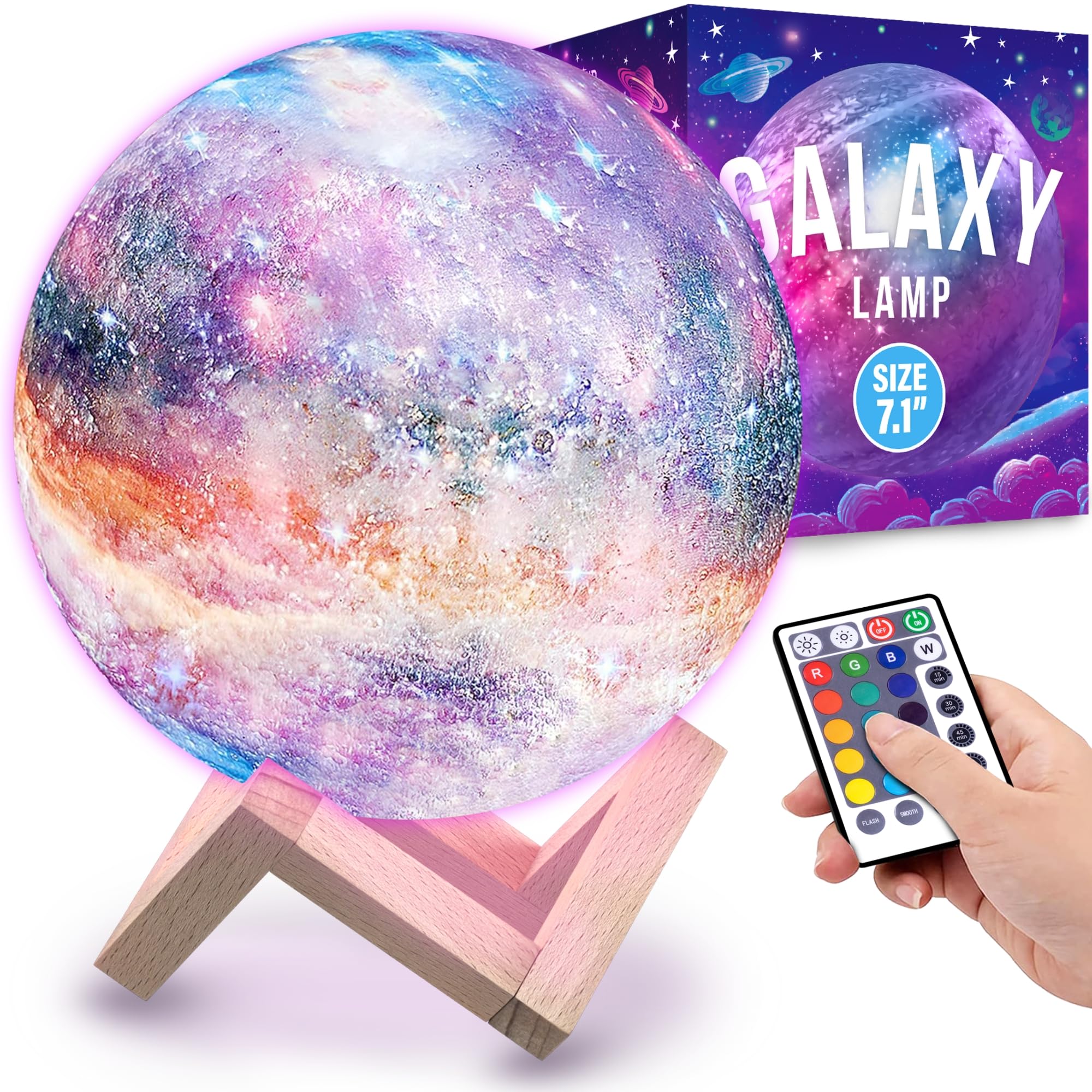 Mind-Glowing Galaxy Moon Lamp with Multi Colors, Touch/Remote, Wood Stand - Teen Girl Room Decor, Trendy Stuff - Birthday Gift for Any Year Old Teenage Girl - Cool Night Light for Kids (7.1 inch)