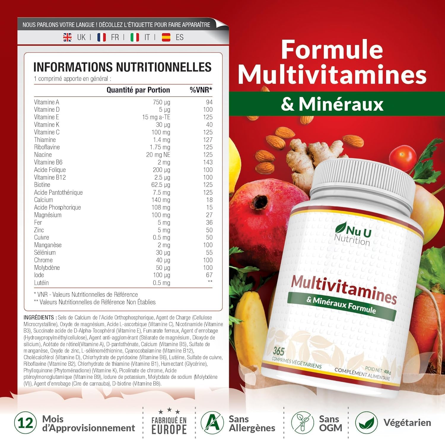 Multivitamines et Minéraux - 365 Comprimés (12 Mois) - 25 Nutriments dont Vit A B C D Fer Zinc Magnesium - Complément Alimentaire Homme et Femme - Vitamines, Minéraux et Compléments - Nu U Nutrition