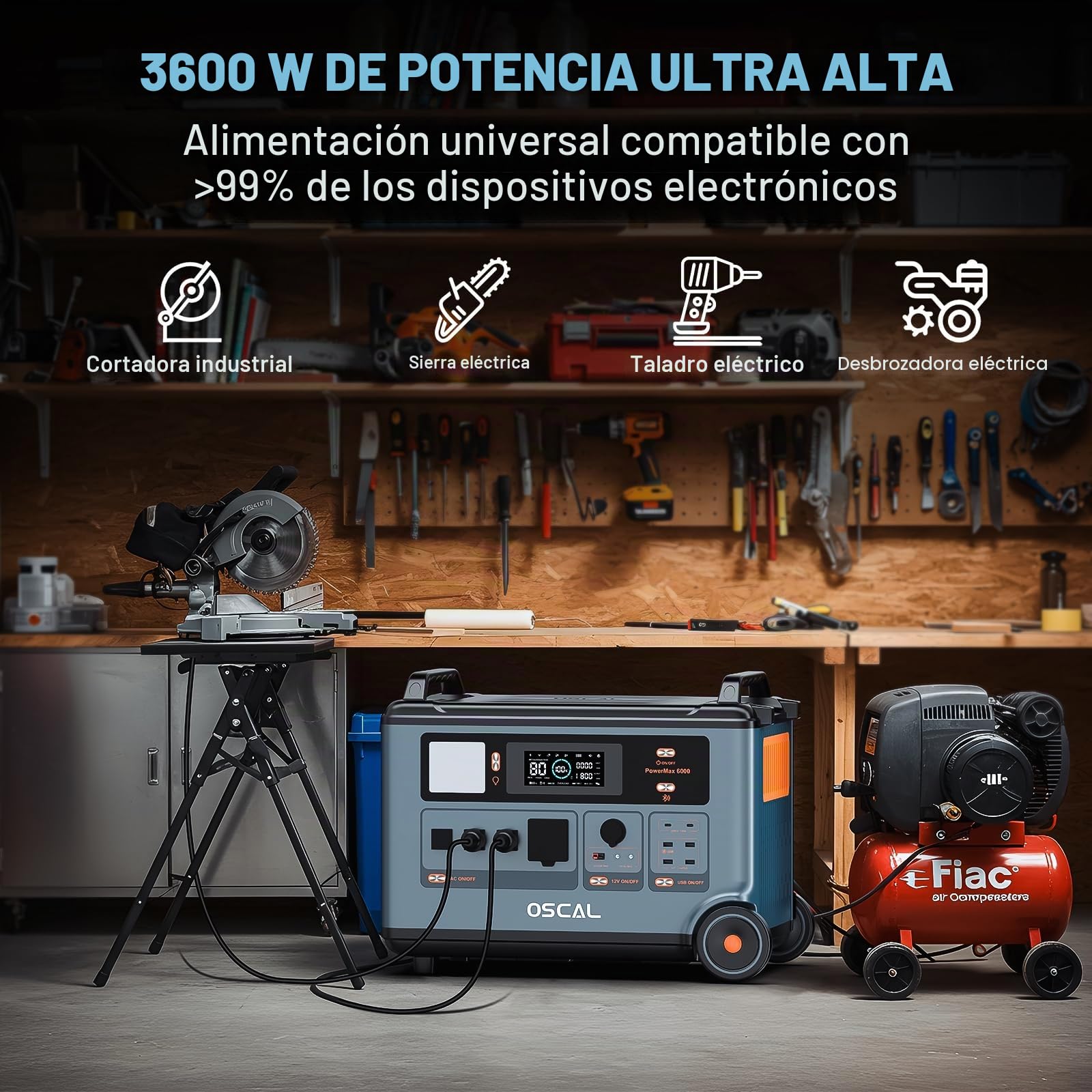 OSCAL PowerMax 3600 Generador eléctrico solar portátil 3600 W, ampliable hasta 57,6 kWh,estación de alimentación solar de 3600 Wh con 4 tomas CA 3600 W, emergencia con control APP para casa