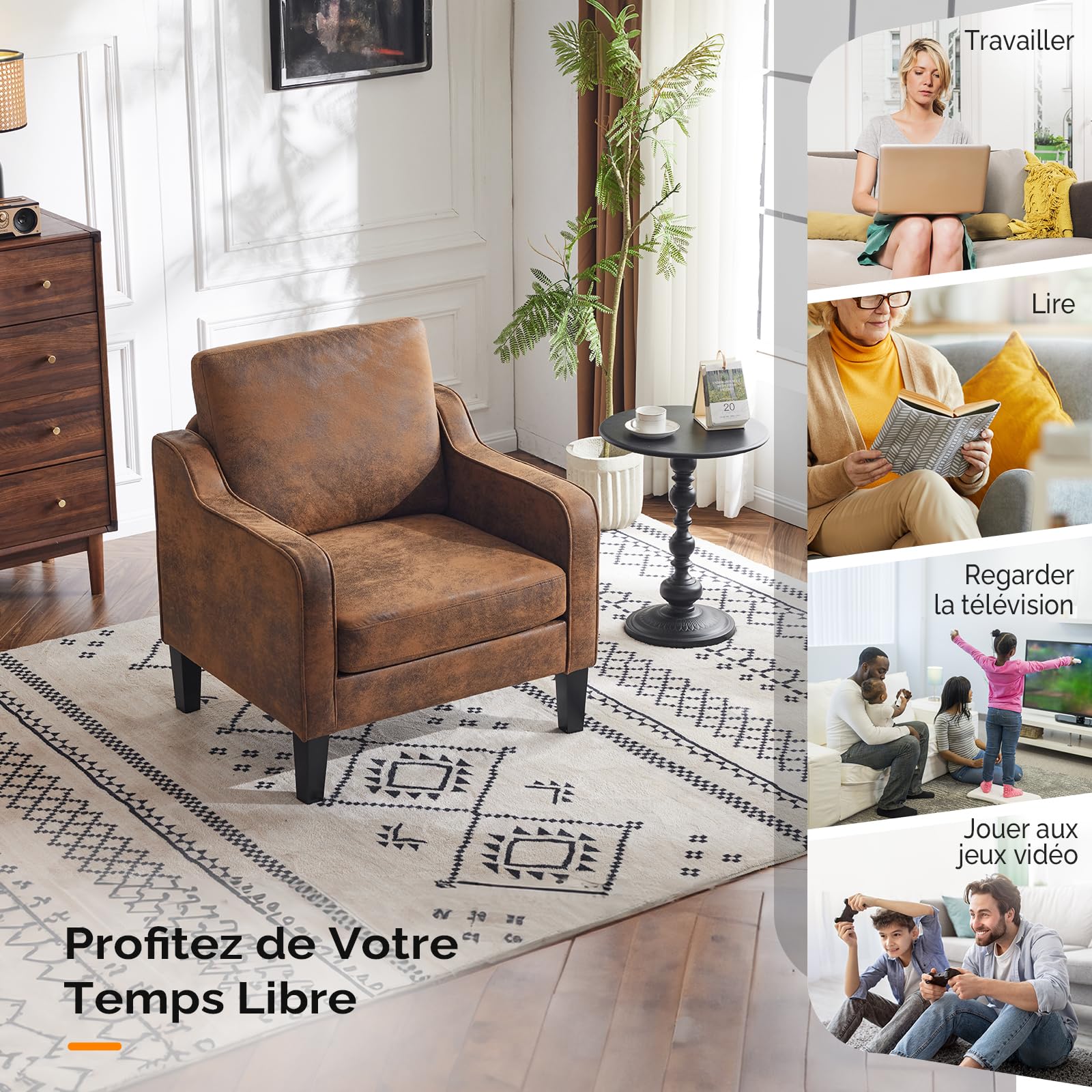 Bonnlo Fauteuil Élégant, Canapé 1 Place Moderne du Milieu du Siècle, Chaise de Lecture Confortable avec Accoudoirs Incurvés, Canapé Rembourré en Chenille, pour Salon, Chambre (1, Marron Vintage)