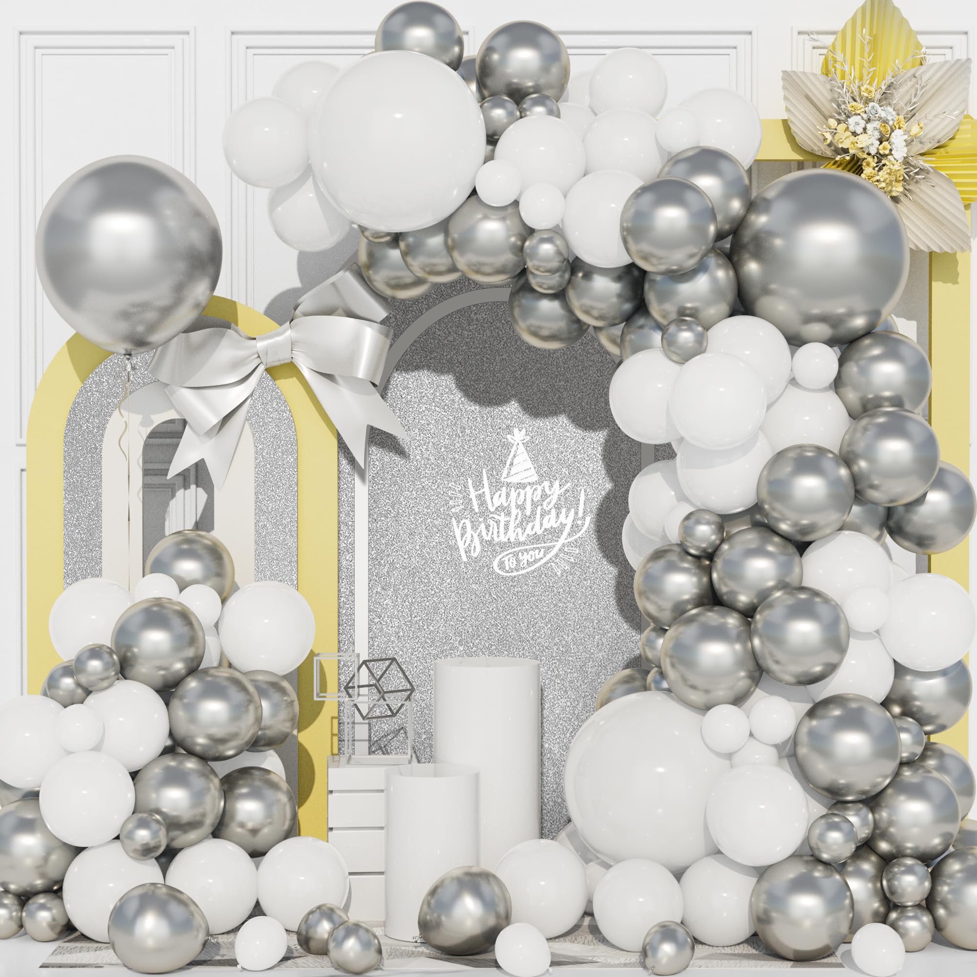 Ousuga Kit Arco Globos Blanco Plata, 111Piezas Globos Blanco Plata Metal Niña Mujer Cumpleaño Baby Shower Bautismo Boda Comprometimo Aniversario Graduación Mascarada Despedida Soltero Año Nuevo Decor