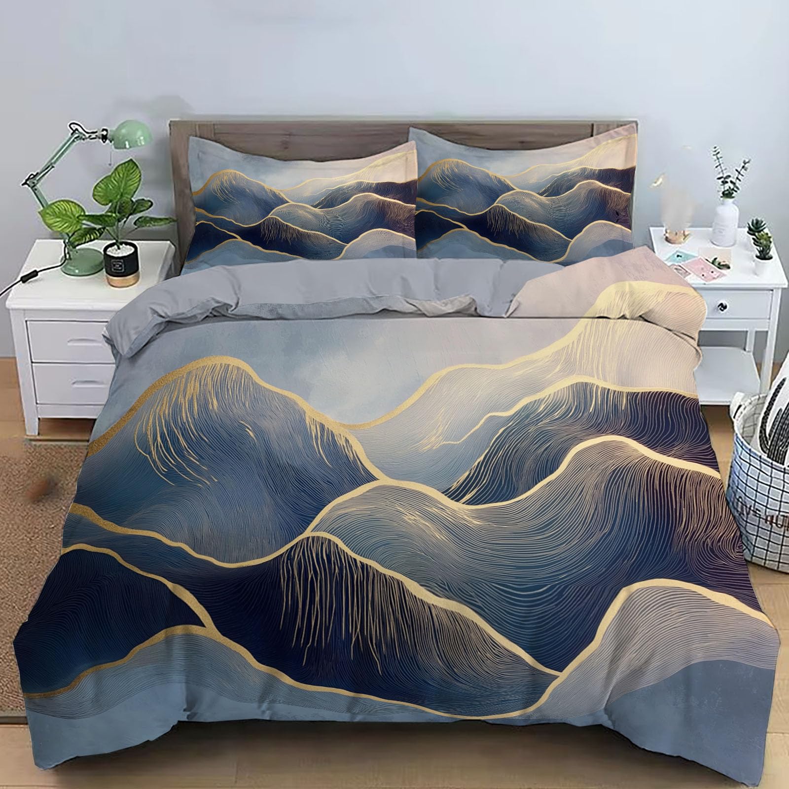 Housse de couette 260x240 cm rayures montagnes gris bleu en microfibre pour lit 3 personnes