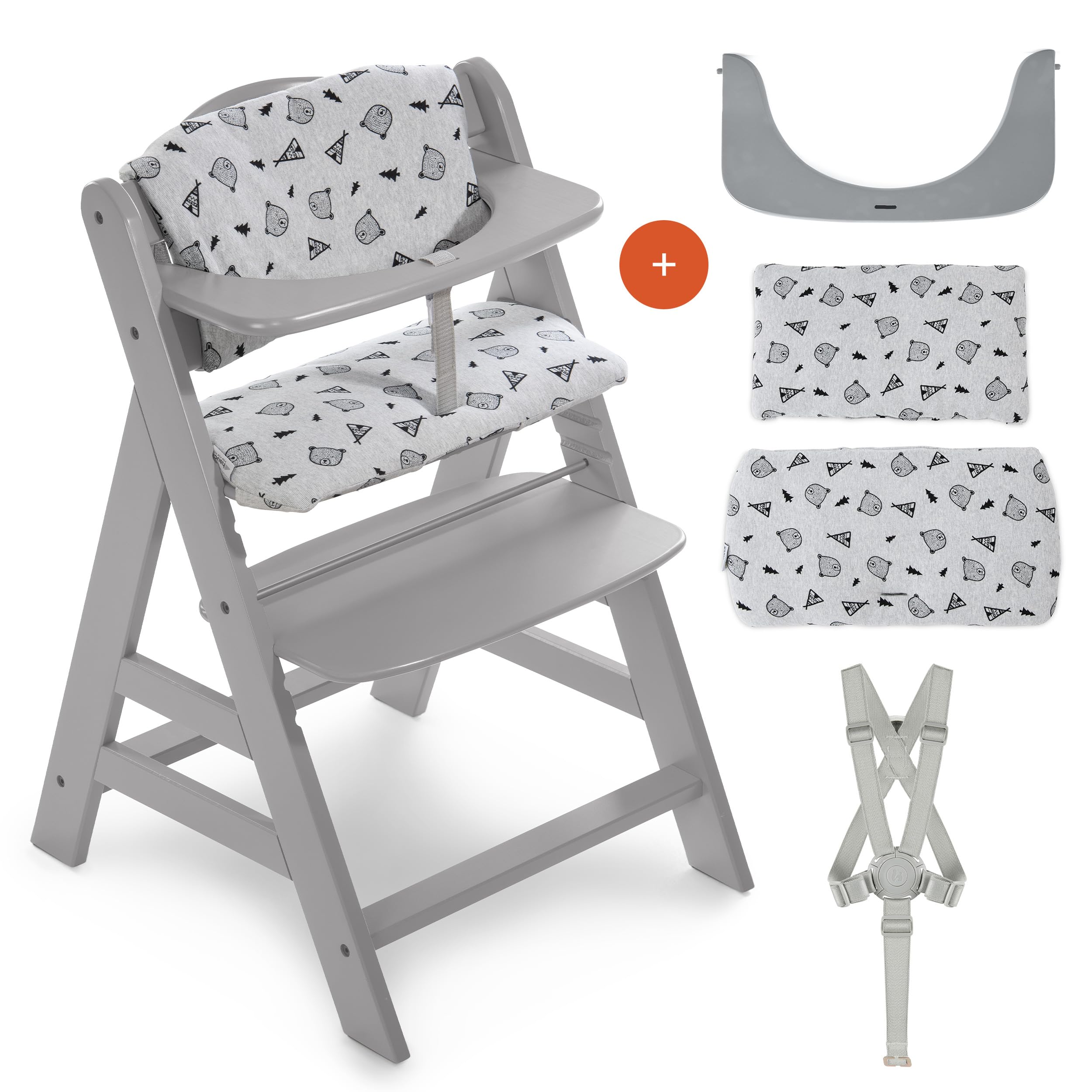 hauck Hochstuhl Alpha+ - Mitwachsender Holz-Kinderhochstuhl, höhenverstellbar, mit Sitzkissen, Schutzbügel & Gurt ab 6 Monaten - Grau