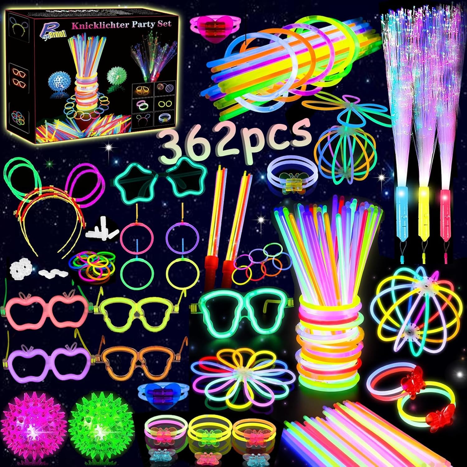 362 PCS Glow Sticks Party Packs for Children, Glow in the Dark Party Supplies, Glow Sticks Bulk DIY Glow Necklaces Glasses Bracelets Headband, Party Supplies, New Years Eve Party Accessories