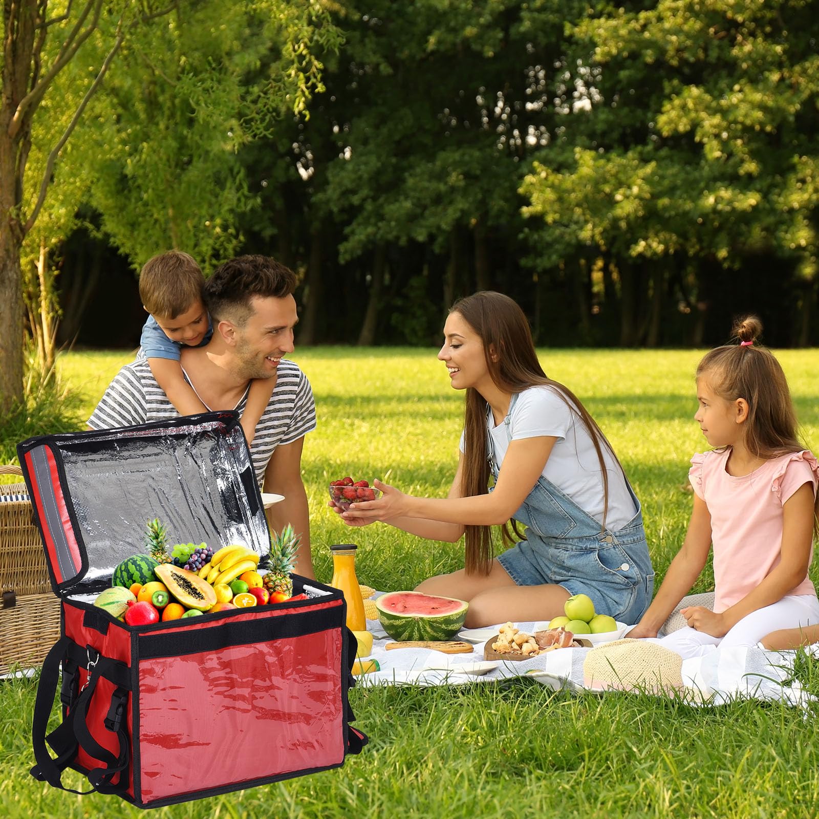 PATIKIL Térmica Bolsa para Alimentos Reparto, 19.7"x15"x15" Reparto Térmica Bolsa con Divisor, Catering Térmica Comida Bolsa para Pizza Caliente/Frio Comida, Rojo (62L)
