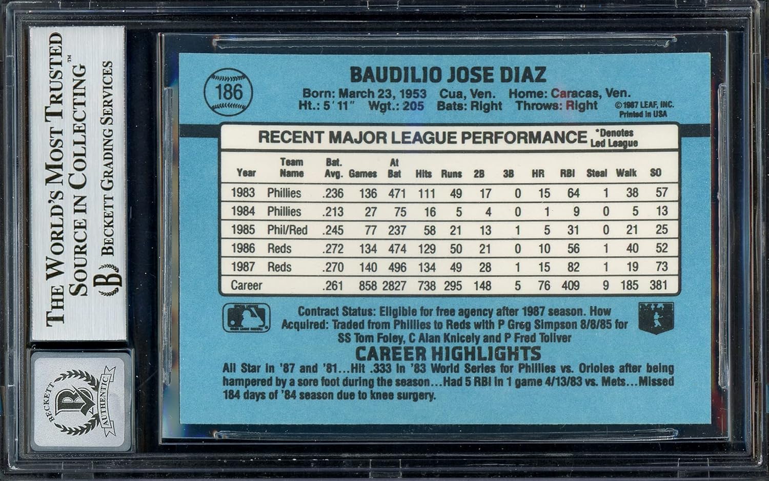 Bo Diaz Autographed 1988 Donruss Card #186 Auto Grade Gem Mint 10 Beckett BAS #13016083