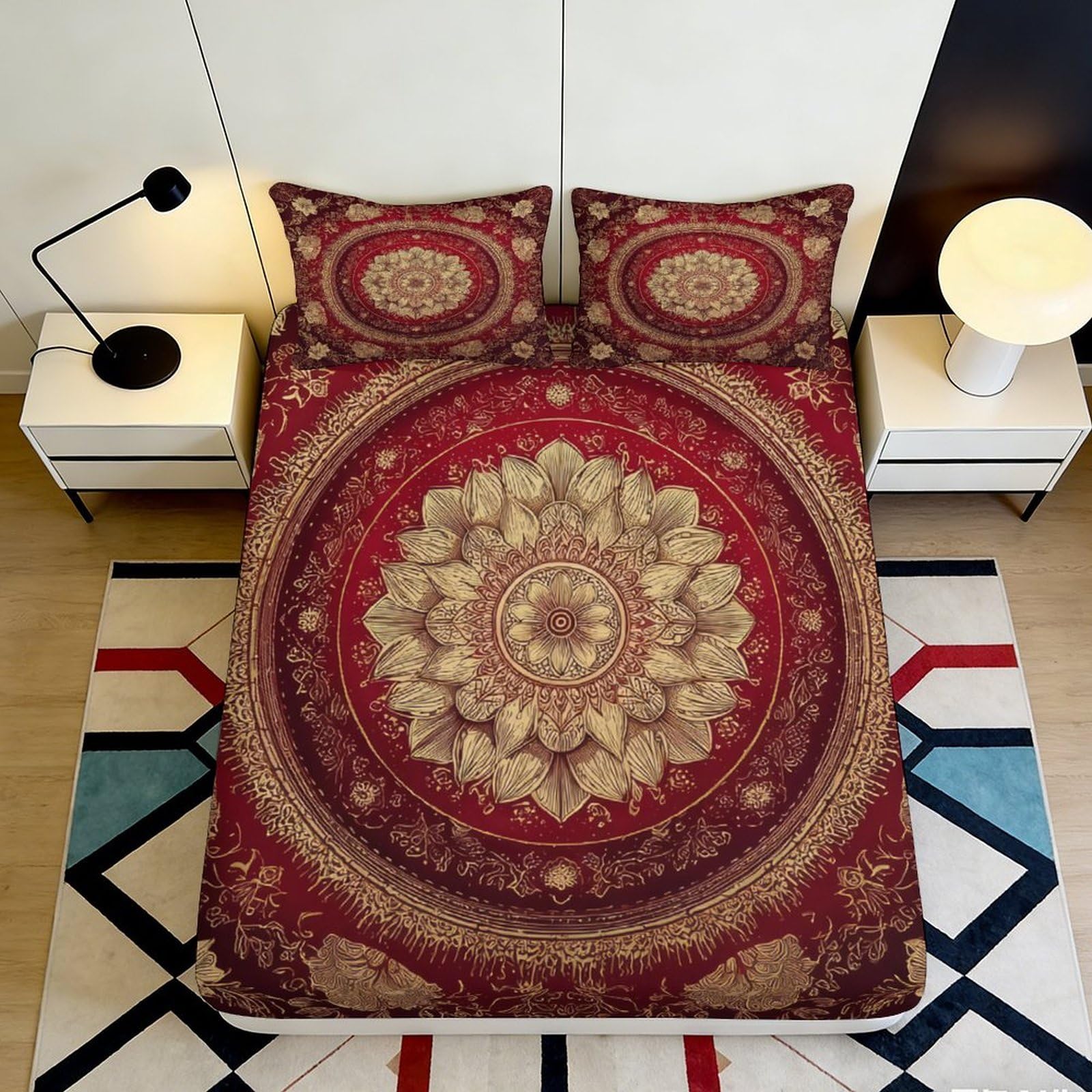 Pnayamiorkfel Style-4 3D Printed Mandala Floral Fitted Sheet Microfiber Non-Slip Burgundy Bed Cover For Bedroom Guest Room Easy Care 90X200x25cm