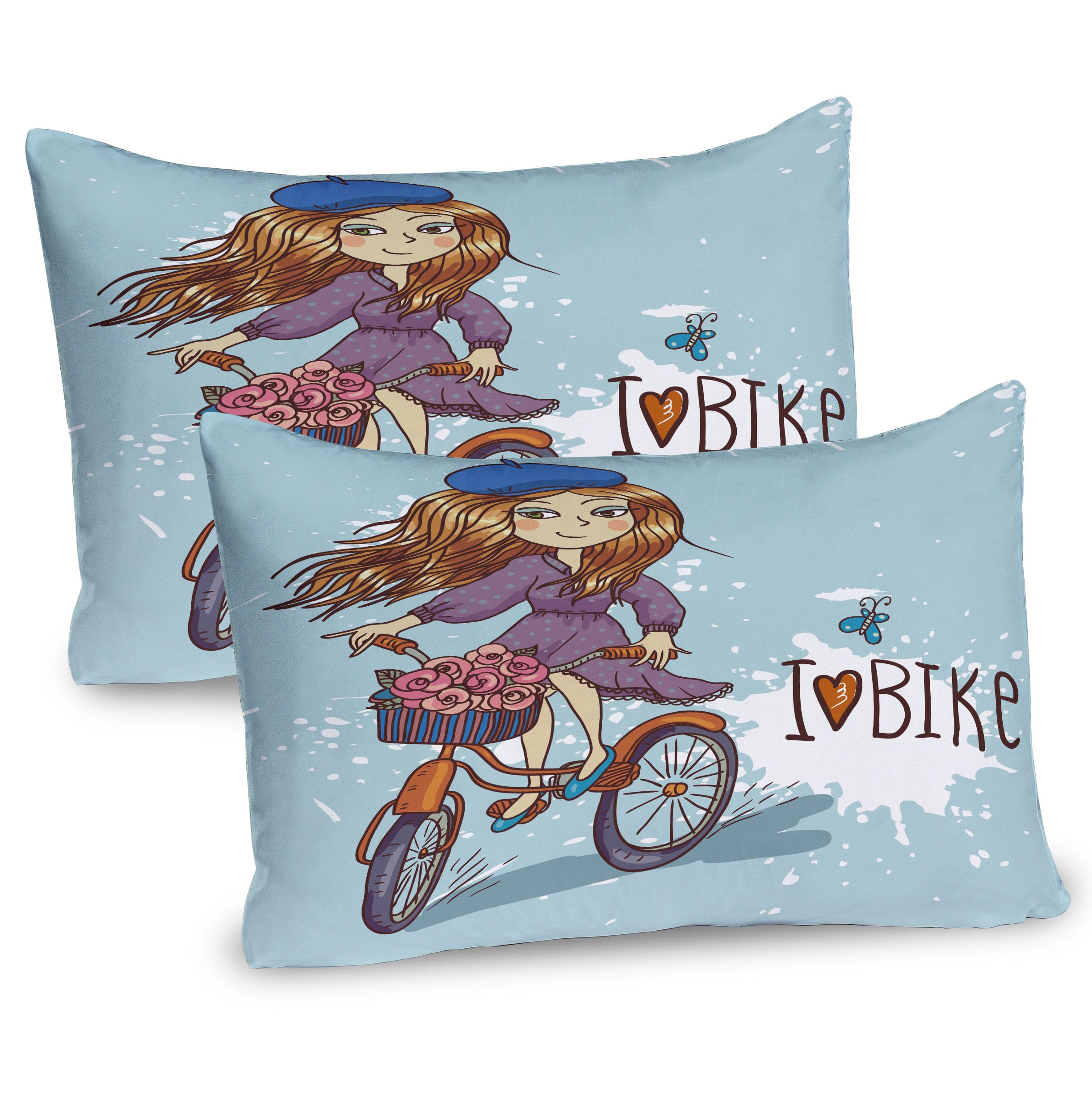 Ambesonne Retro Pillow Sham Set of 2, Cartoon Lady with French Vibes and a Bike Illustration Vintage City Life, Quality Microfiber Bedding Item for All Seasons, 30