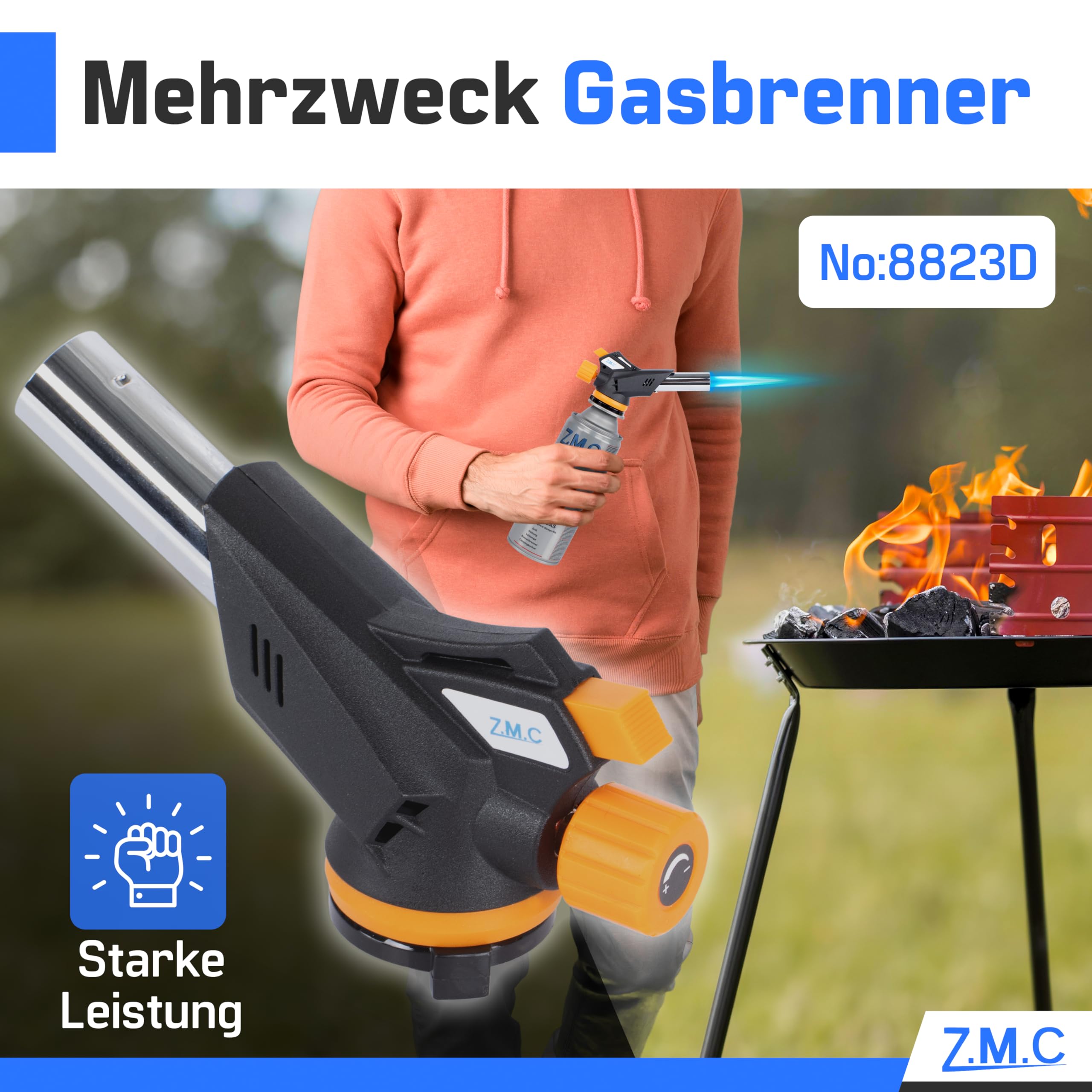 Z.M.C Bruciatore a gas 1,3kW + 12 cartucce gas 227g, bruciatore per fiamma, temperatura fino a 1300°C, becco Bunsen, torcia saldatrice con accensione piezoelettrica, bruciatore da cucina con fiamma