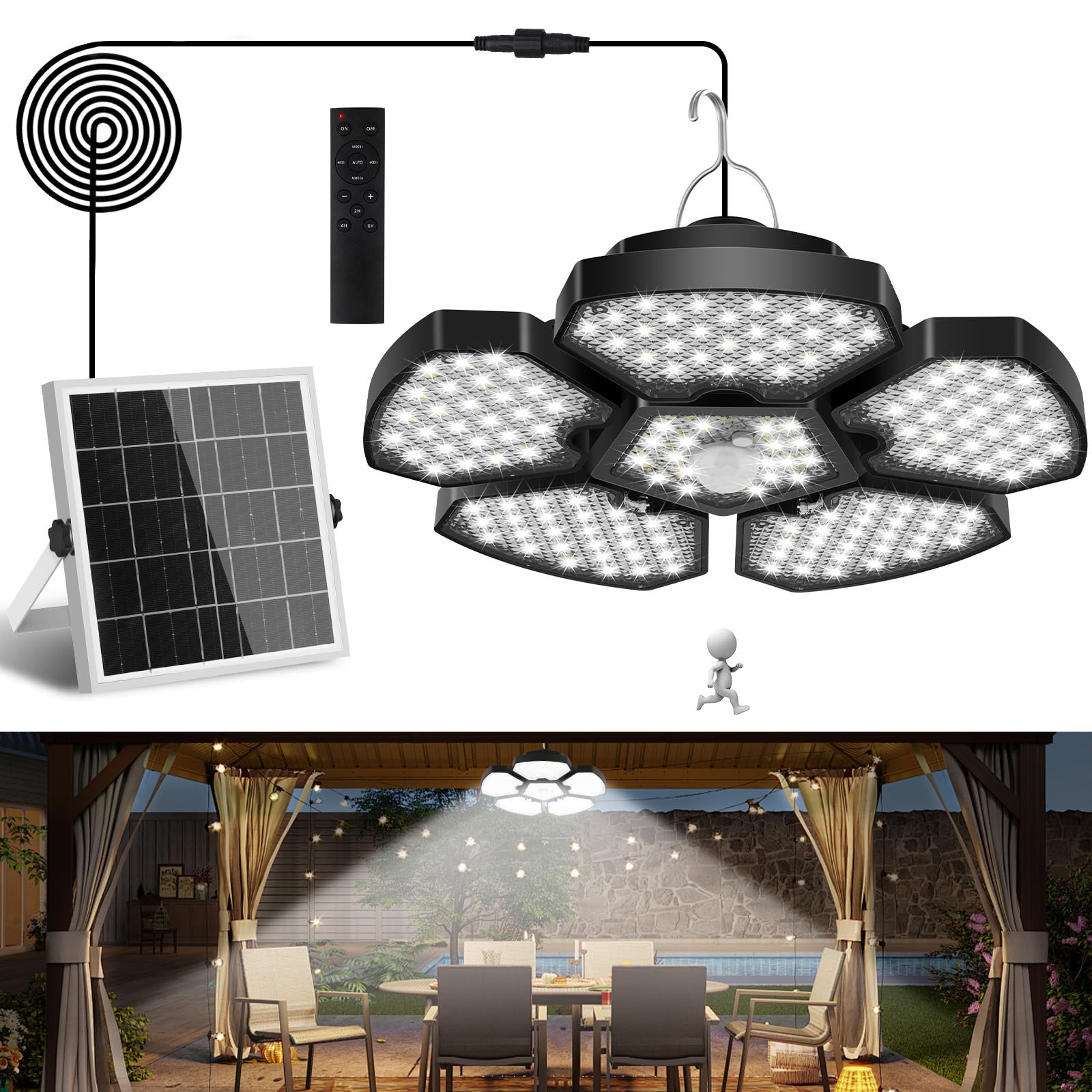 NATPOW Lámparas Colgantes Solares Exterior con Sensor Movimiento, Luz Solar Exterior con Mando Distancia, Lámpara Colgante Interior, 4 Brillo,Temporizador, Cable 5m para Casa Jardín Garaje Balcón