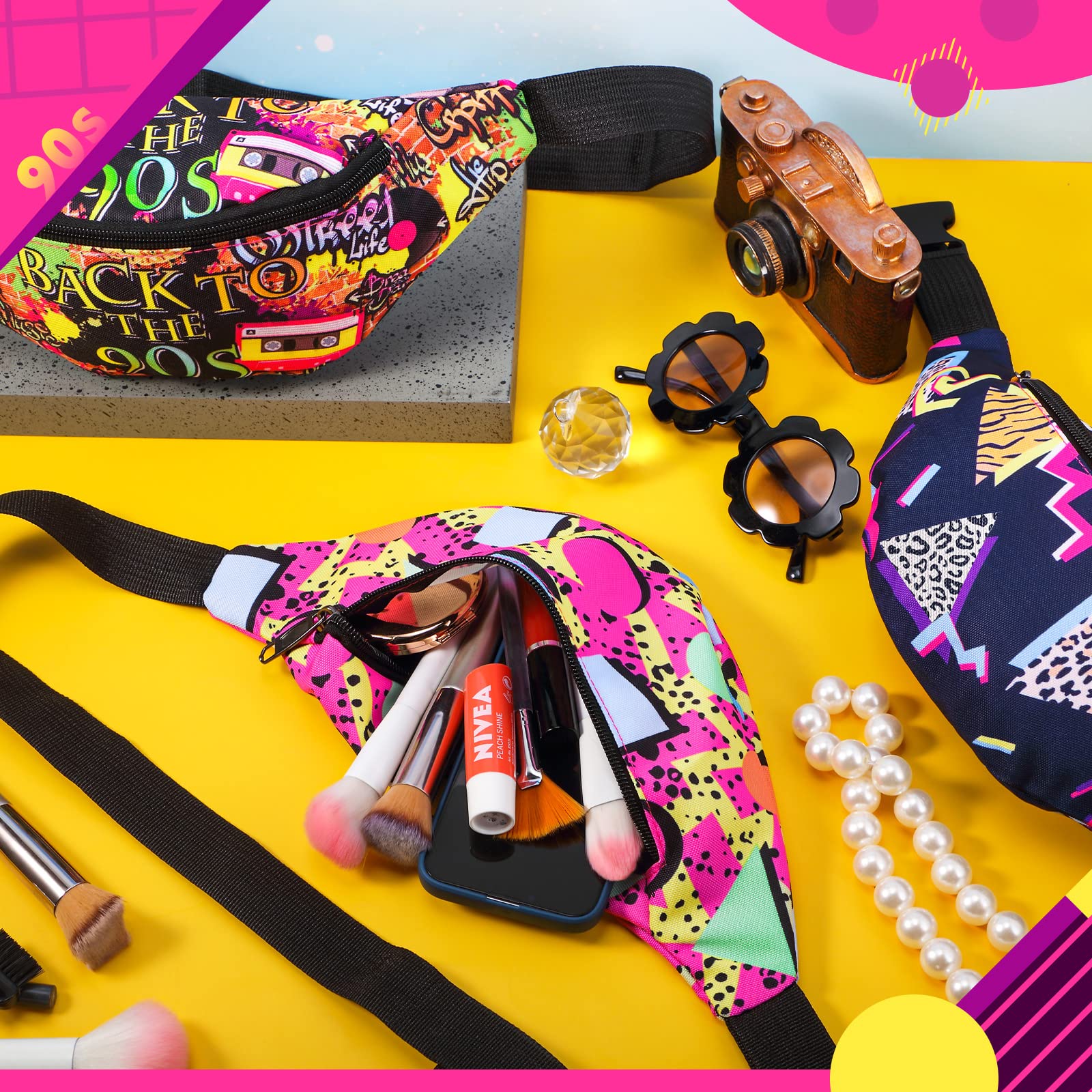 3 Riñoneras de los años 80 y 90, bolsas de cintura retro de neón de los años 80 y 90, accesorios de atuendo para hombres y mujeres, bolsas casuales ajustables para cinturón de senderismo vintage 4