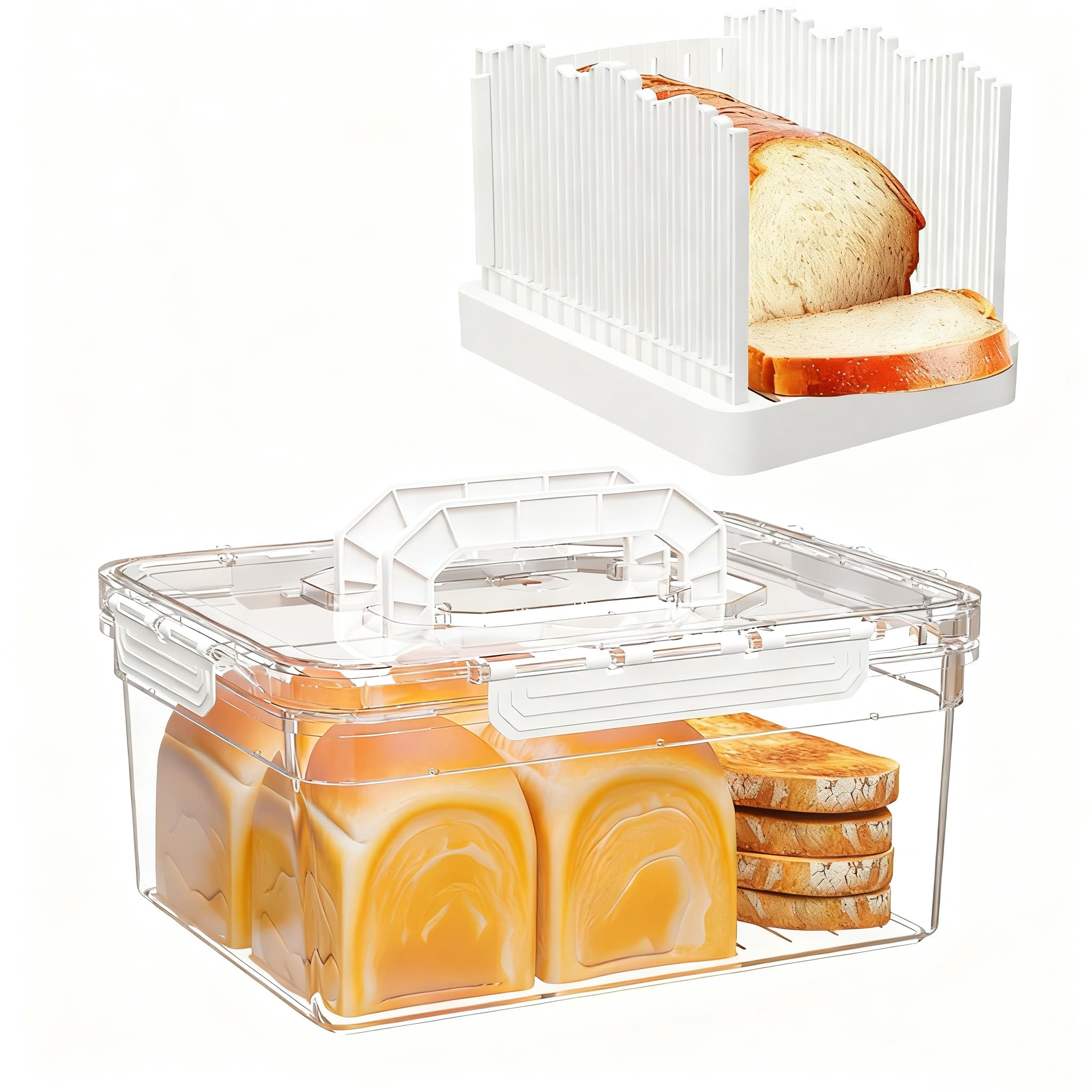 Bread Box with Slicer, Portable Airtight Bread Storage Container with Lid Handle for Kitchen Counter, Bread Keeper for Homemade Bread,Toast, Bagel, Cookies, White