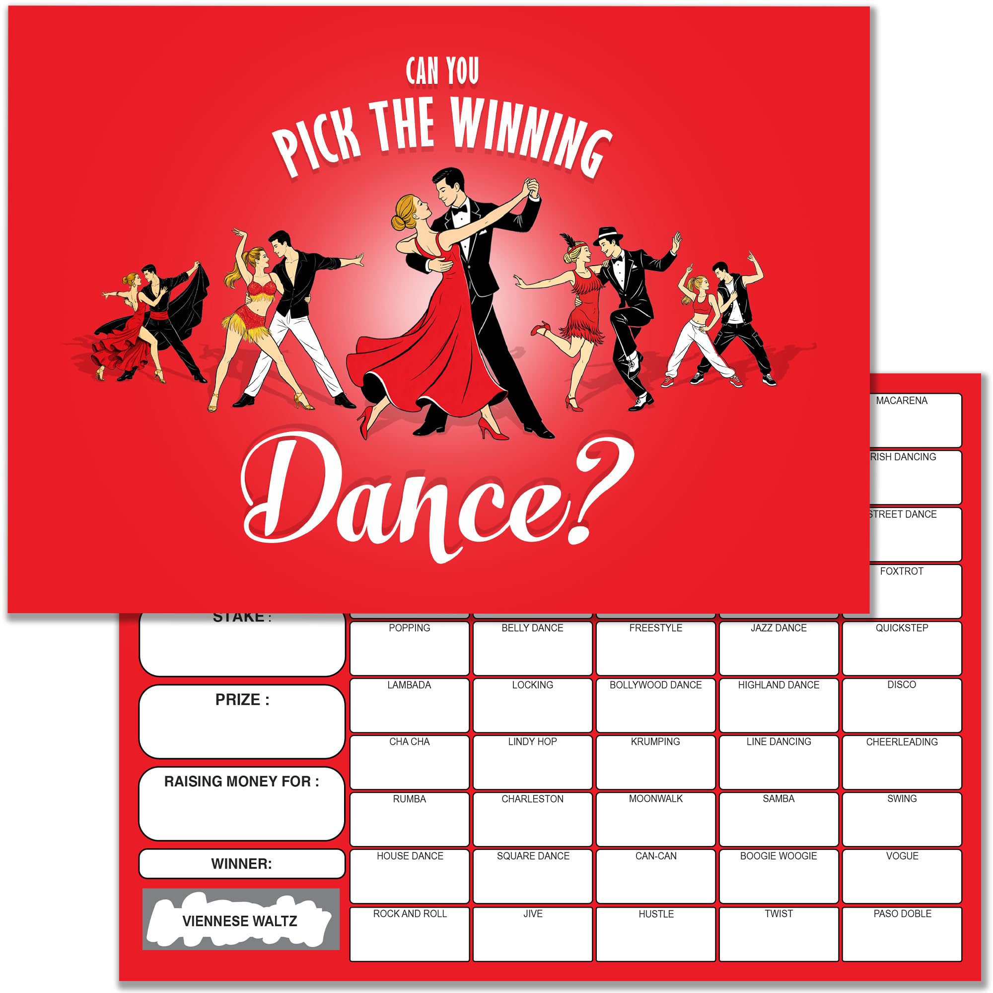 10 x Dances Fundraising Cards - A5 Size Cards + Display Card - 50 Squares with Scratch Off Winner - UK Made and Recylable