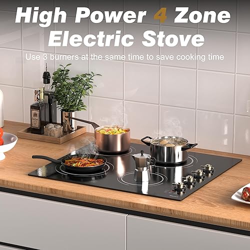 Miniatura 4 de Estufa eléctrica de 24 pulgadas, estufa de cerámica de vidrio con 4 quemadores, 6000 W, estufa eléctrica radiante de 220 V, 9 niveles de potencia,